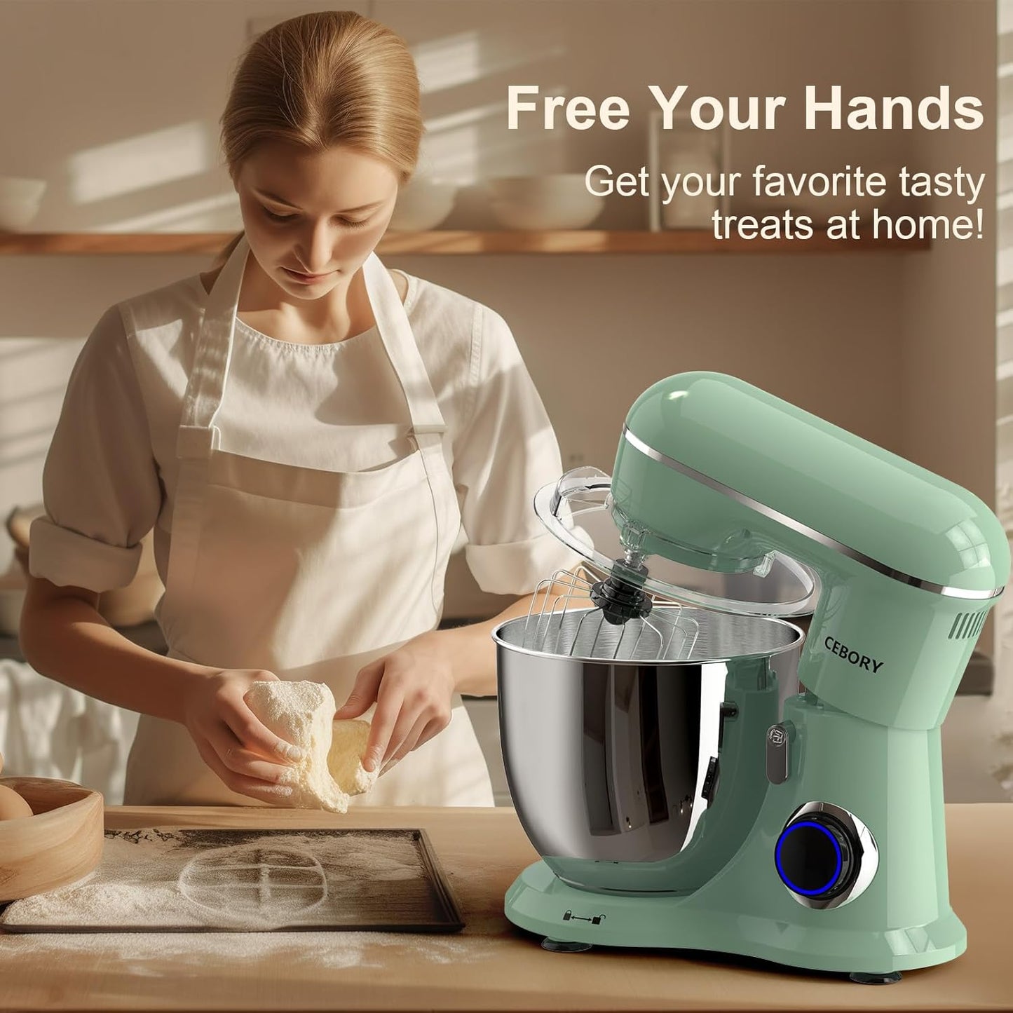 3-IN-1 Electric Stand Mixer, 6.5QT Bowl 660W 10-Speed Kitchen Mixer, Household Food Mixers include Dough Hook, Beater and Whisk, Bread Cake Mixer for Baking and Most Home Cooks, Agave Green
