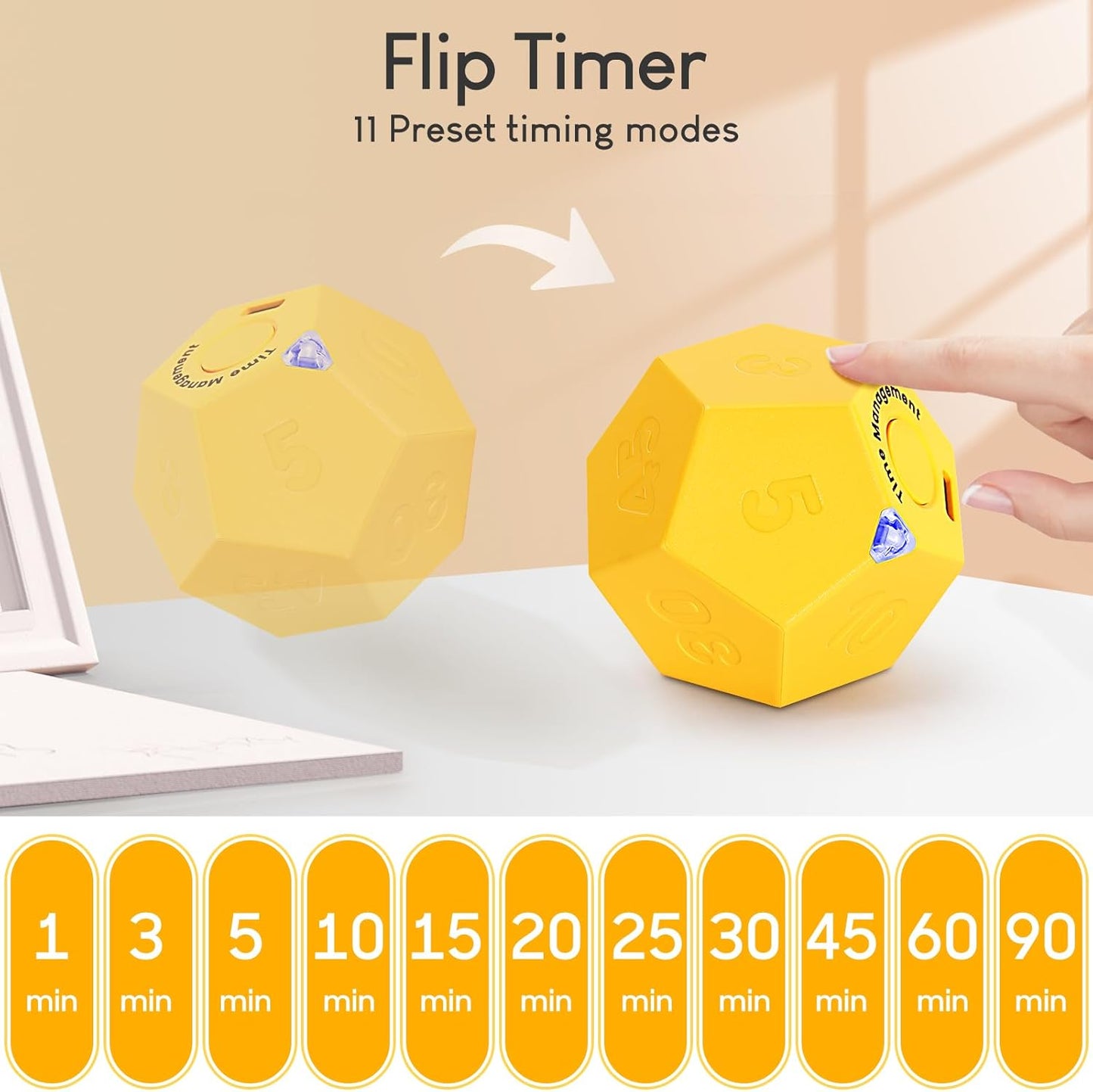 Yellow Pomodoro Timer - 11 Preset Productivity Cube, Ring/Vibrate Mode, Rechargeable, Perfect for Cooking, Learning, Exercise and Beauty