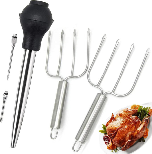KAYCROWN Thanksgiving Roasting Kit - Stainless Steel Turkey Baster and Turkey & Roast Lifters, Silicone Turkey Baster with 2 Marinade Needles & Stainless Steel Turkey Forks Set
