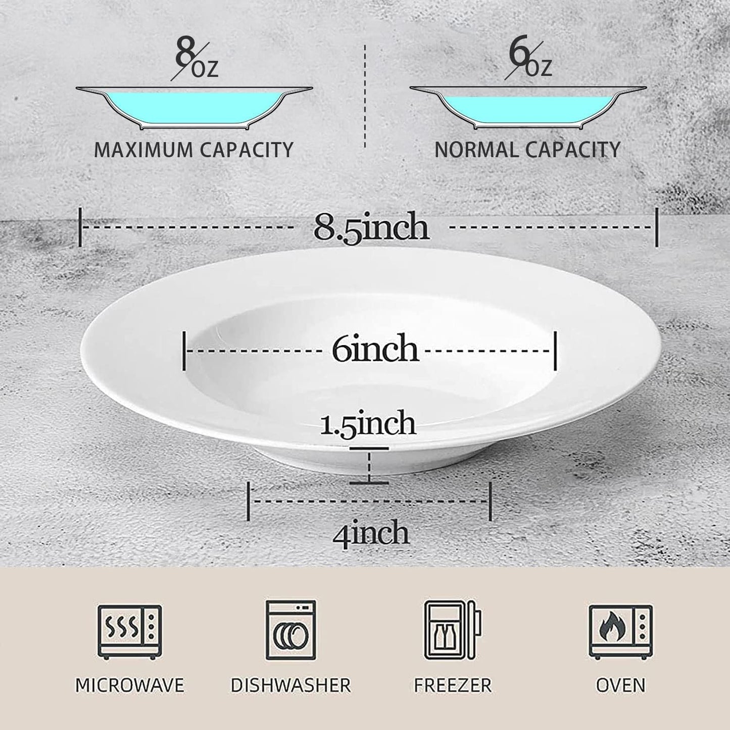 Artena 8 Ounces Pasta Bowls Set of 4, 8.5 inch Soup Bowls, Advanced Porcelain Salad Bowl, Wide Rim Pasta Plates, Shallow Bowls for Kitchen, Rimmed White Plates and Bowls Set, Microwave Oven Safe