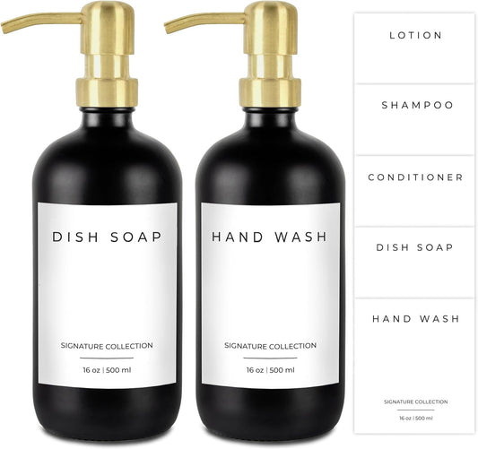 Emerson Essentials Dish Soap Dispenser for Kitchen, Dispenser Bathroom Set, Hand Soap Dispenser, Hand Wash and Dish Soap Set - Glass Dispenser with Pump and Labels