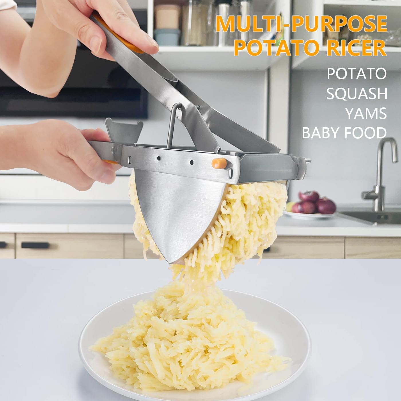 LHS Stainless Steel Potato Ricer and Masher, Heavy Duty Commercial Food Masher, Ergonomic Comfort Grip, Extra Large Capacity, Dishwasher Safe (Orange)