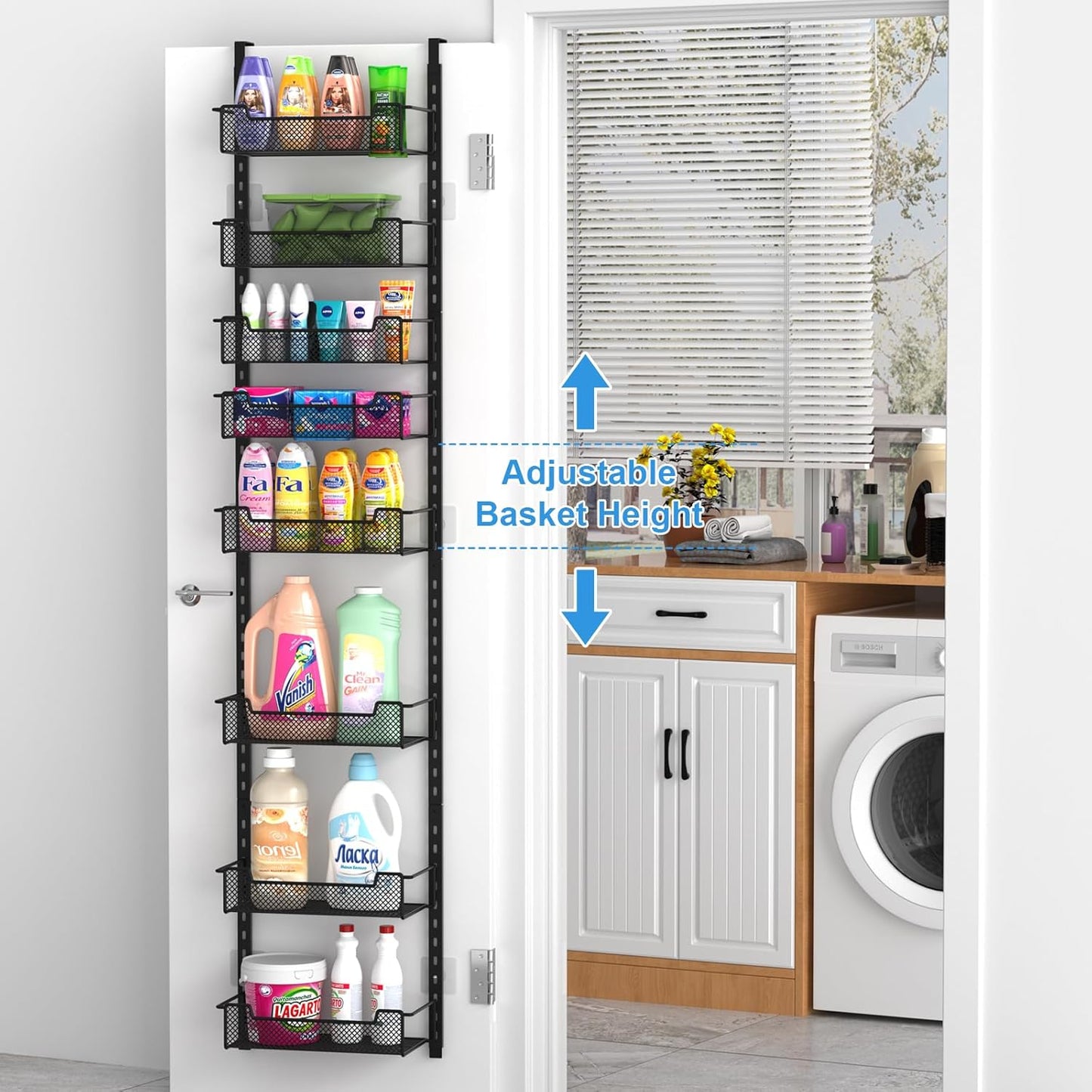 12.3" W Narrow Over the Door Pantry Organizer, 8-Tier Over the Door Organizer with Adjustable Basket, Pantry Door Organization for Pantry Kitchen Storage Room Spice Rack, Black