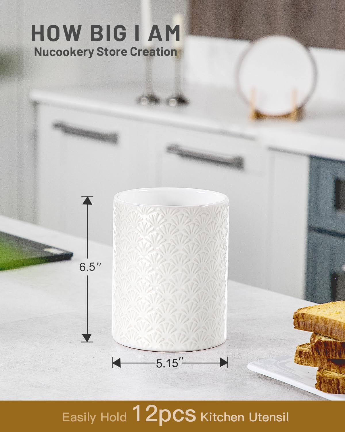 Nucookery 6.4'' Utensil Holder - Ceramic Utensil Holder for Kitchen Counter, Large Capacity Countertop Storage, Farmhouse Style Utensil Crock Organizer for Spoons, Spatulas & Cooking Tools
