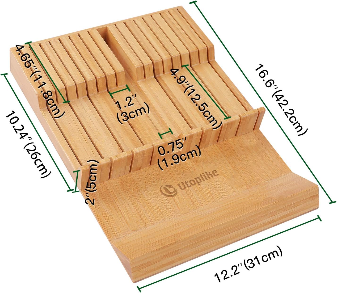 Utoplike In-drawer Knife Block Bamboo Kitchen Knife Drawer Organizer,Large handle Steak knife Holder without Knives, fit for 16 knives and 1 Sharpening Steel