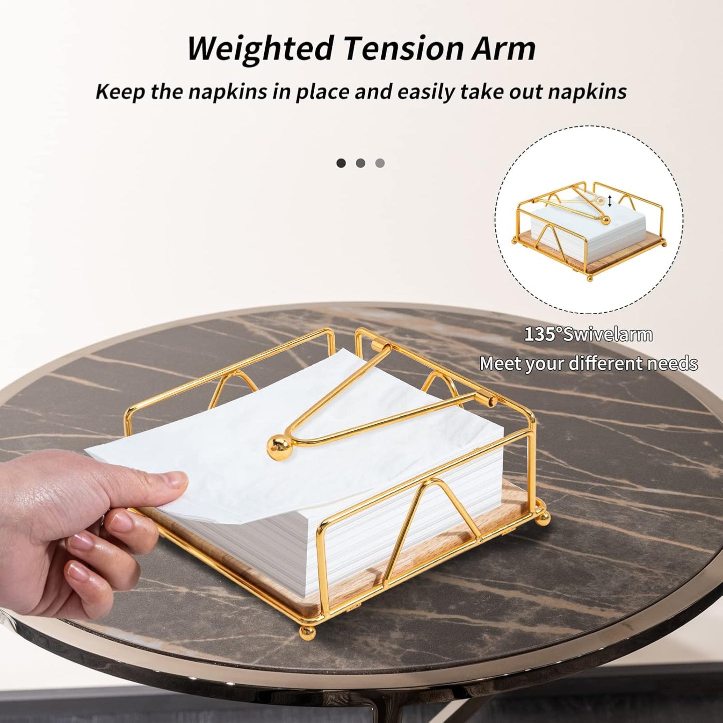 Square Napkin Holder - Durable Table Napkin Dispenser with Weighted Arm, Metal Napkin Storage with Wooden Base, Farmhouse Napkin Holder for Table, Kitchen and Countertops (Gold)