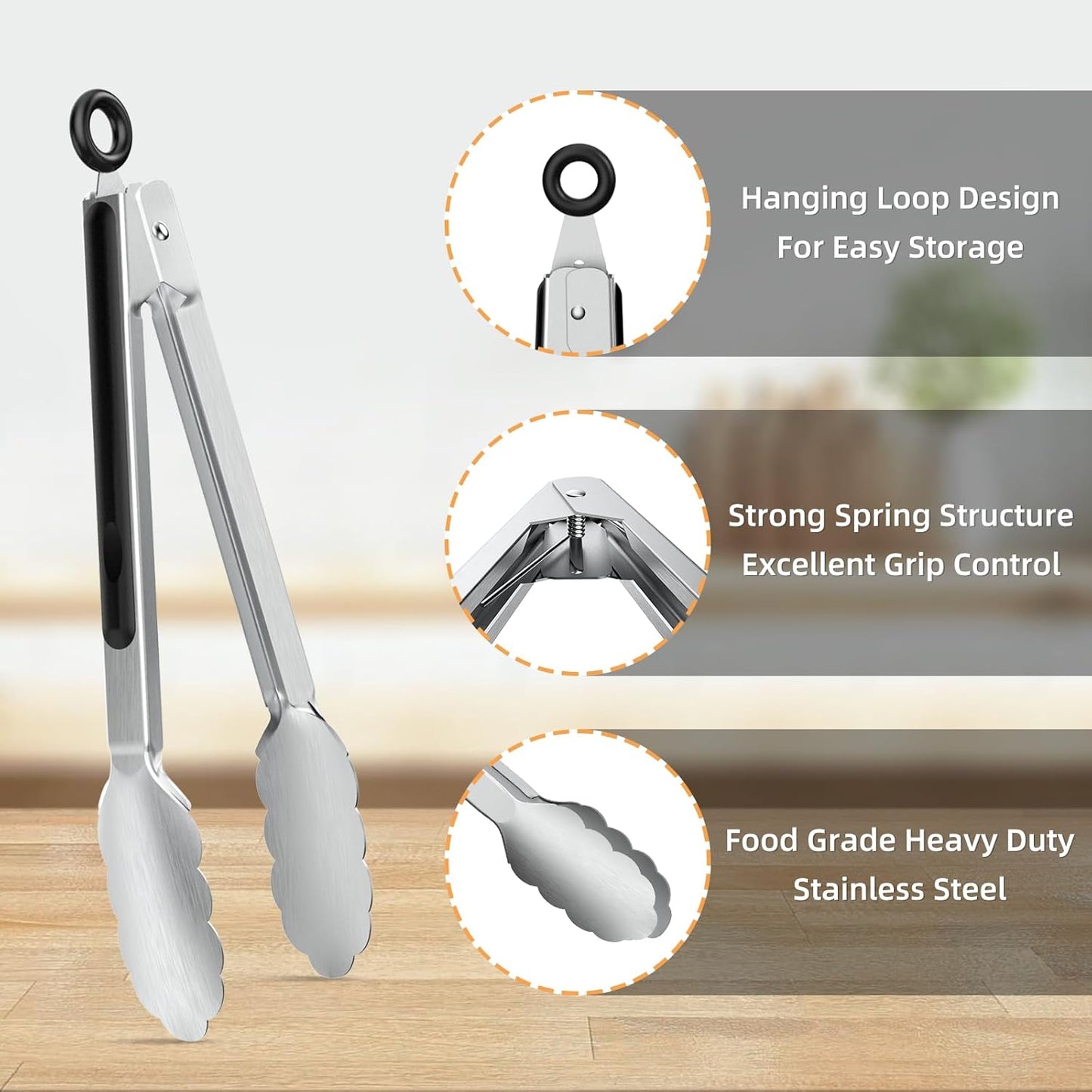 NileHome Tongs for Cooking, Professional Stainless Steel Cooking Tongs – Heat-Resistant for Grilling, BBQ, Serving Salad, Pasta, and Kitchen Use, Dishwasher Safe, Set of 9" 12", Silver