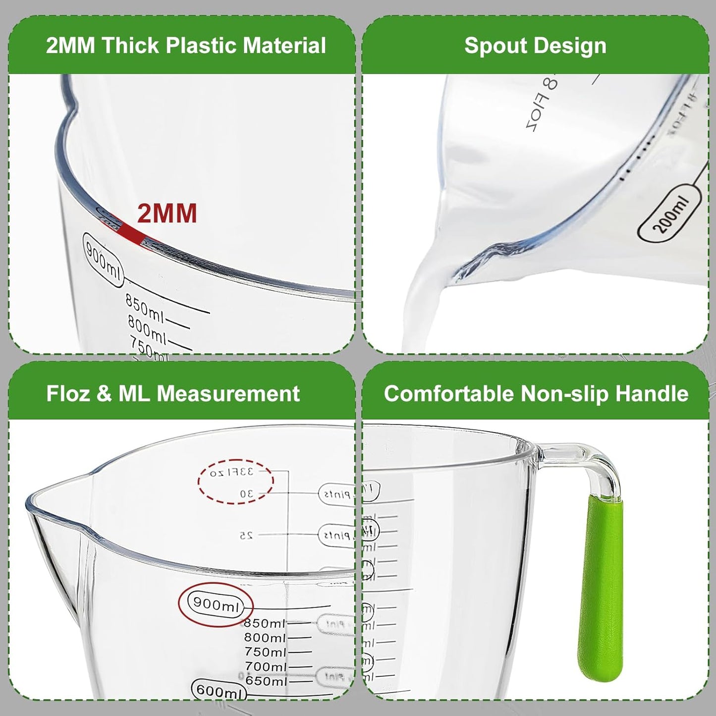 Plastic Measuring Cups Set, 3Pcs BPA Free Stackable Clear Measuring Cup with Spout and Angled Grip Handle, Includes 1 Pint, Oz, ML Measurement for Kitchen Cooking