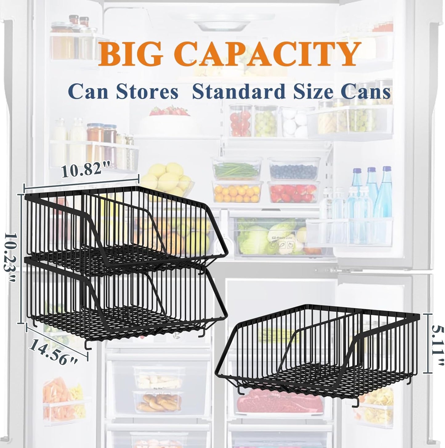 GILLAS 2 Pack Stackable Soda Can Organizer with Dividers for Refrigerator, Can Holder Dispenser Canned Food Organizer, Beverage Storage Basket Rack Drink Organizer for Fridge, Kitchen, Pantry, Black
