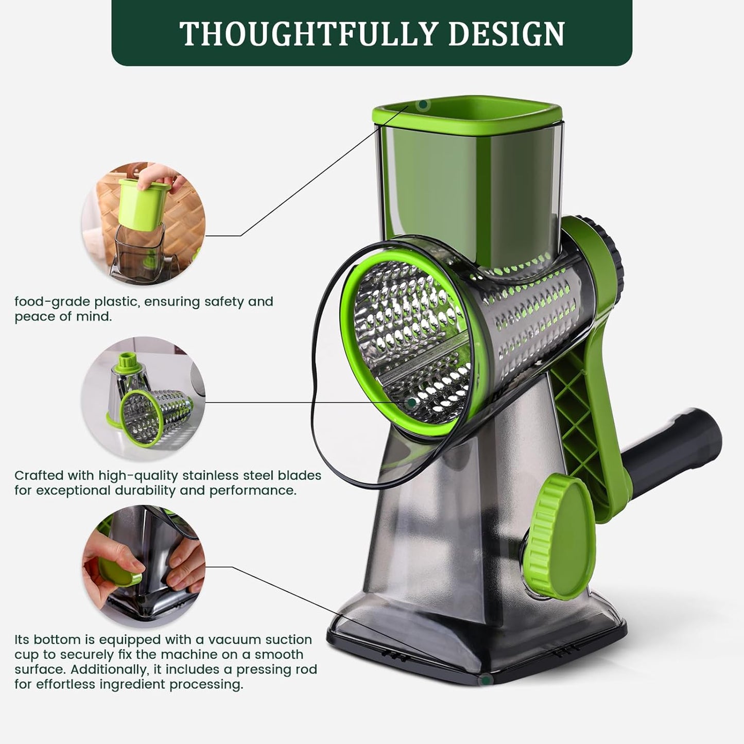 HANSGO Rotary Cheese Grater, Cheese Shredder, Labor-Saving Handle, Strong Suction Base, 3 Changeable Blades for Harder Cheeses, Vegetable, Nuts, Chocolate, Fruits, Safe & Easy to Clean