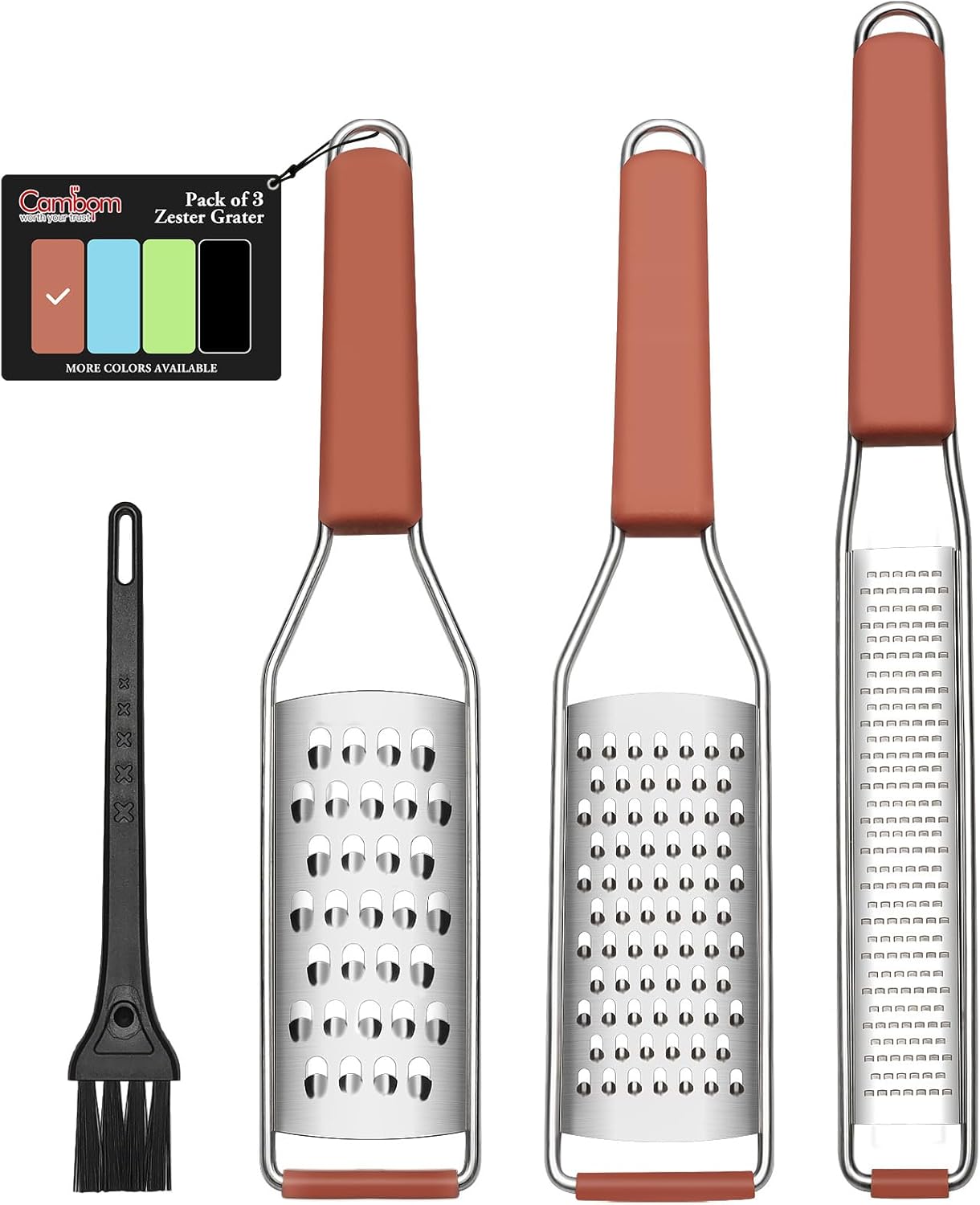 Cambom Lemon Zester Grater Three-piece Suit - Heavy Duty Kitchen Tool for Parmesan Cheese, Ginger, Garlic, Nutmeg, Chocolate, Vegetables，Fruits，Stainless Steel Grater Dishwasher Safe Red