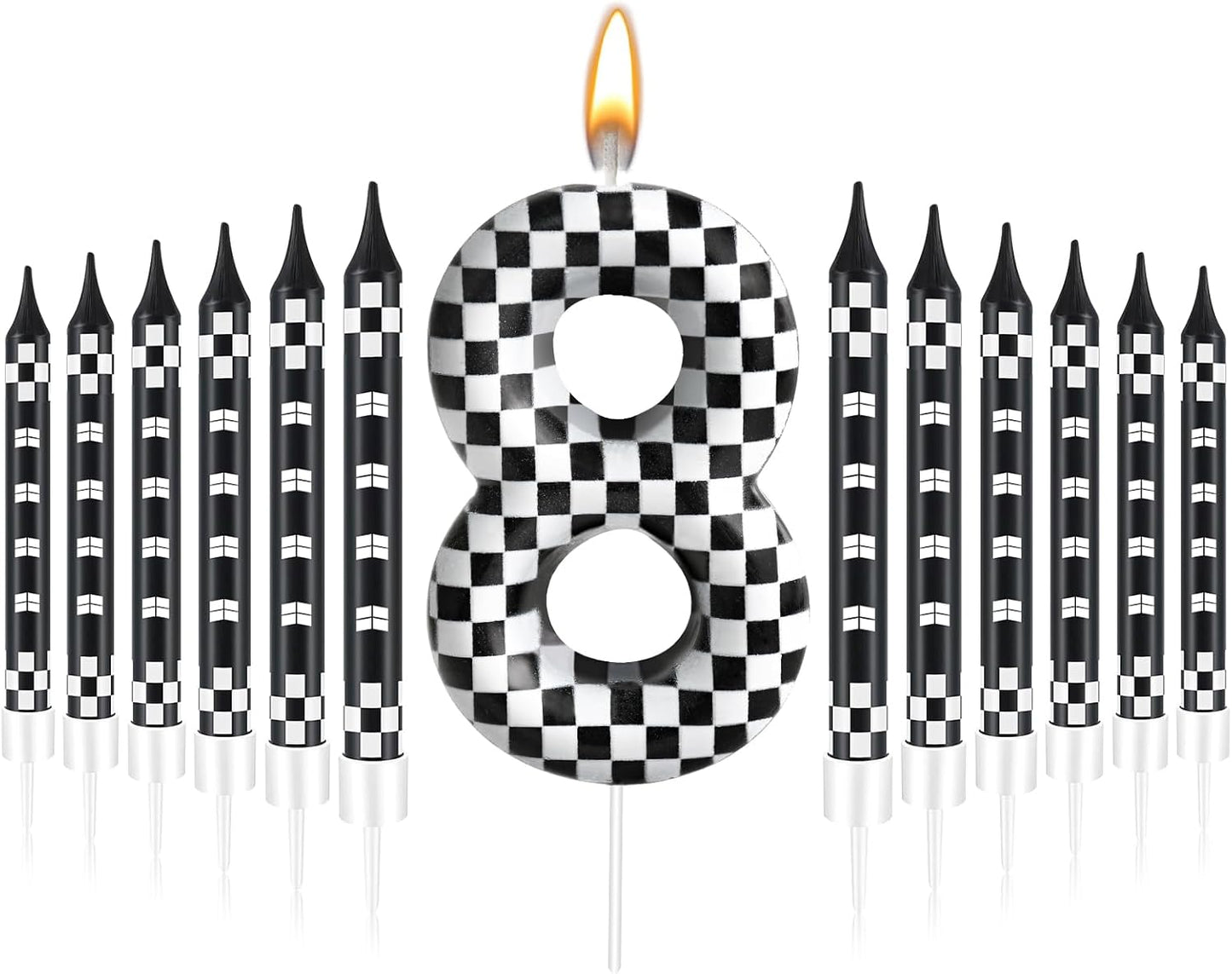 13 Pcs Racing Cars Themed Birthday Candles Black and White Race Number 8 Checkered Candle Cake Topper for Racing Car Party Decoration Supplies (Number 8)