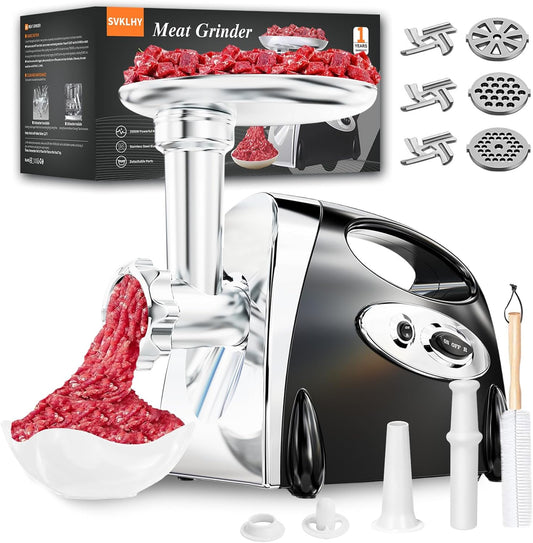Electric Meat Grinder: [3000W Superior Motor] [Exquisite Box] Meat Grinder with 6 PCS Stainless Steel Blades & Grinding Plates, Sausage Stuffer Tubes & Kubbe Kit Portable Handle for Gift (Black)