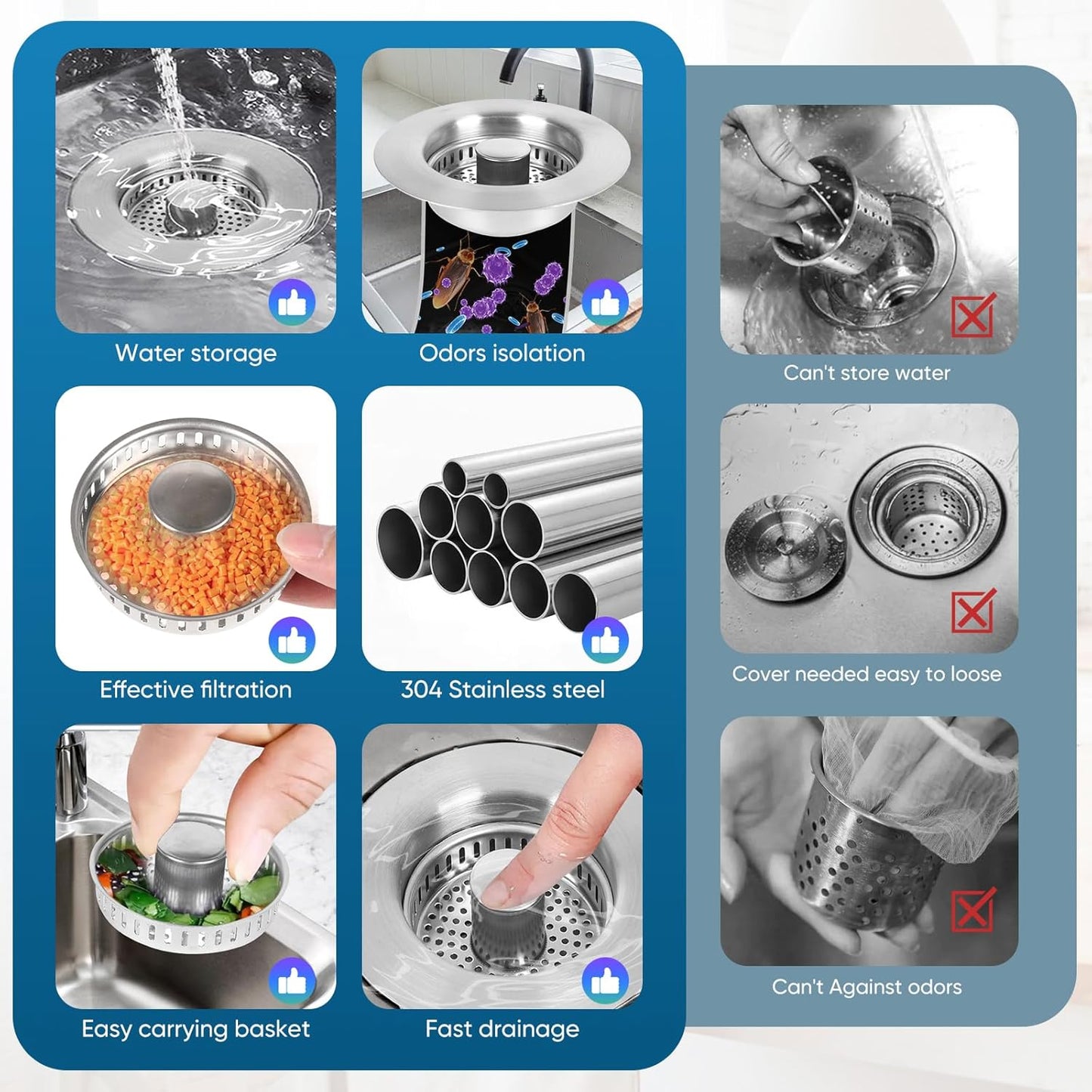 Upgraded 3 in 1 Kitchen Sink Drain Strainer & Sink Stopper,304 Stainless Steel Pop-Up Kitchen Sink Drain Strainer and Stopper Combo,Fits US Standard 3-1/2 Inch Drain, Anti-Clogging Odor Prevention