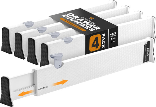 RAPTUROUS Adjustable Drawer Dividers 4 Pack, 2.5" High, 13-22" Long, Dresser Drawer Organizer for Bedroom, Closet, Kitchen, Nursery, Office, Strong Hold, Soft Foam Edges, White