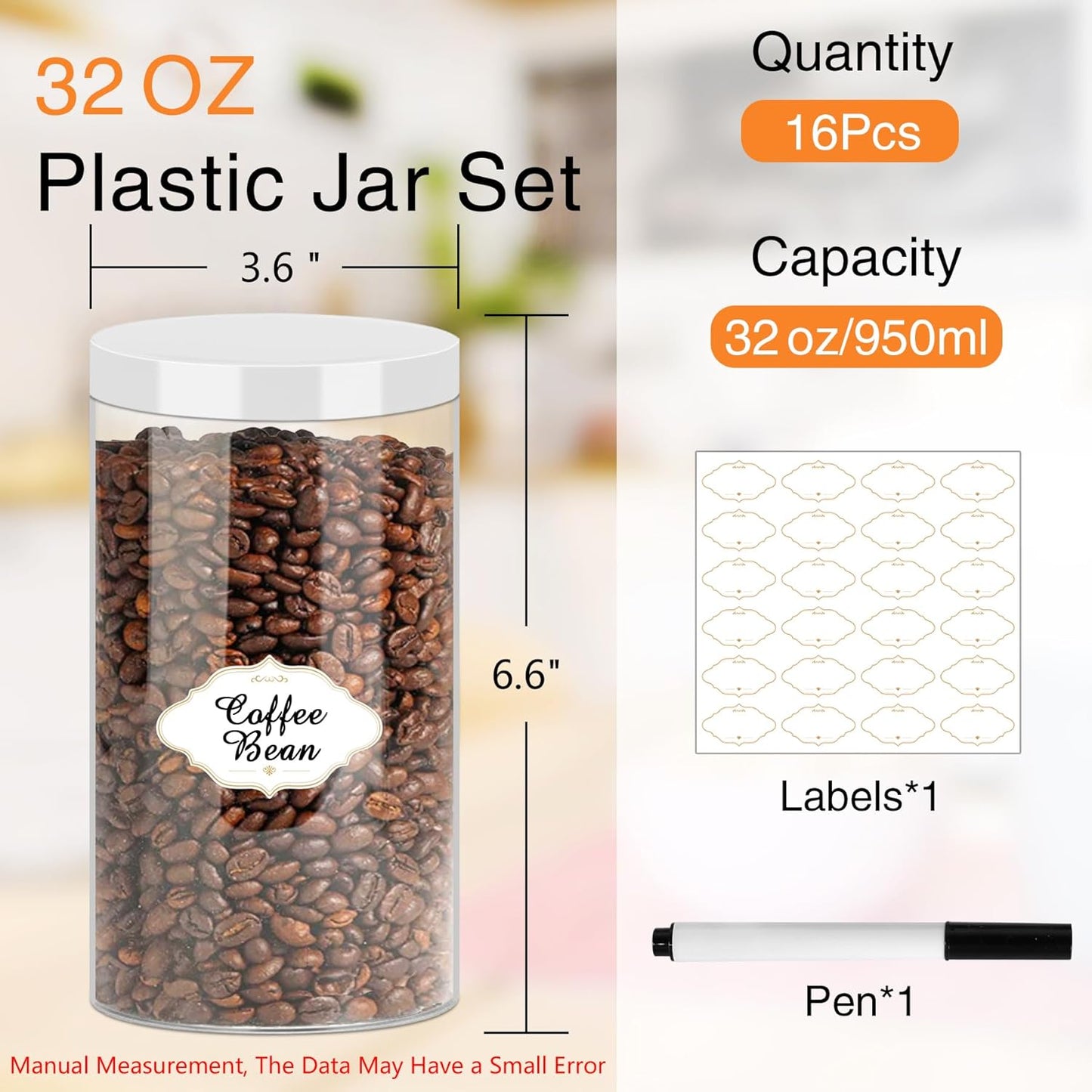32 OZ Plastic Jars,16 Pcs Clear Plastic Jars with White Lids Round Empty Storage Jar Wide Mouth Refillable Storage Container with Lids for Household and Kitchen Food Organizing