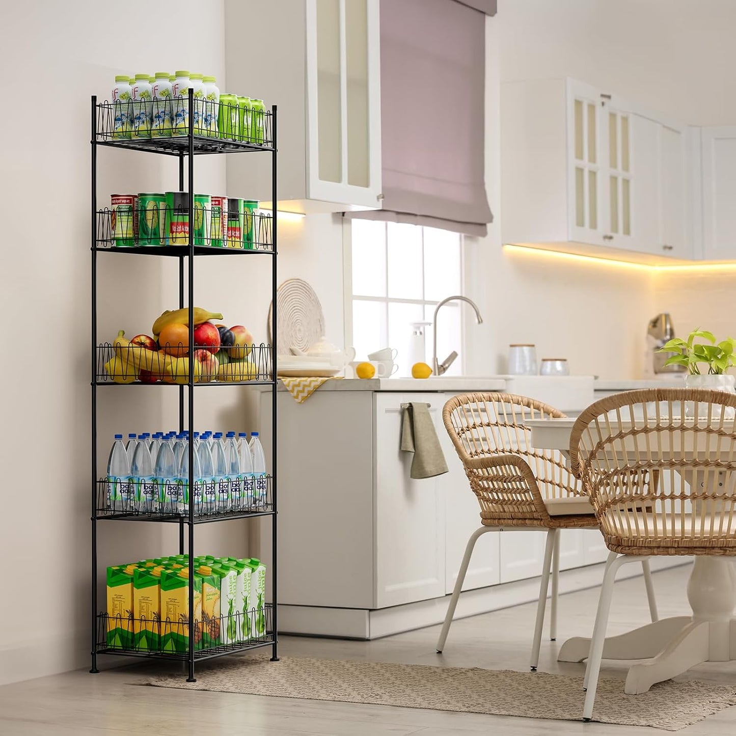 5 Tier Water Bottle Storage Rack Freestanding Metal Water Bottle Holder Shelf Organizer Drink Beverage Soda Can Organizer Storage Rack Bottled Water Stand for Floor Pantry Kitchen Food Storage, Black