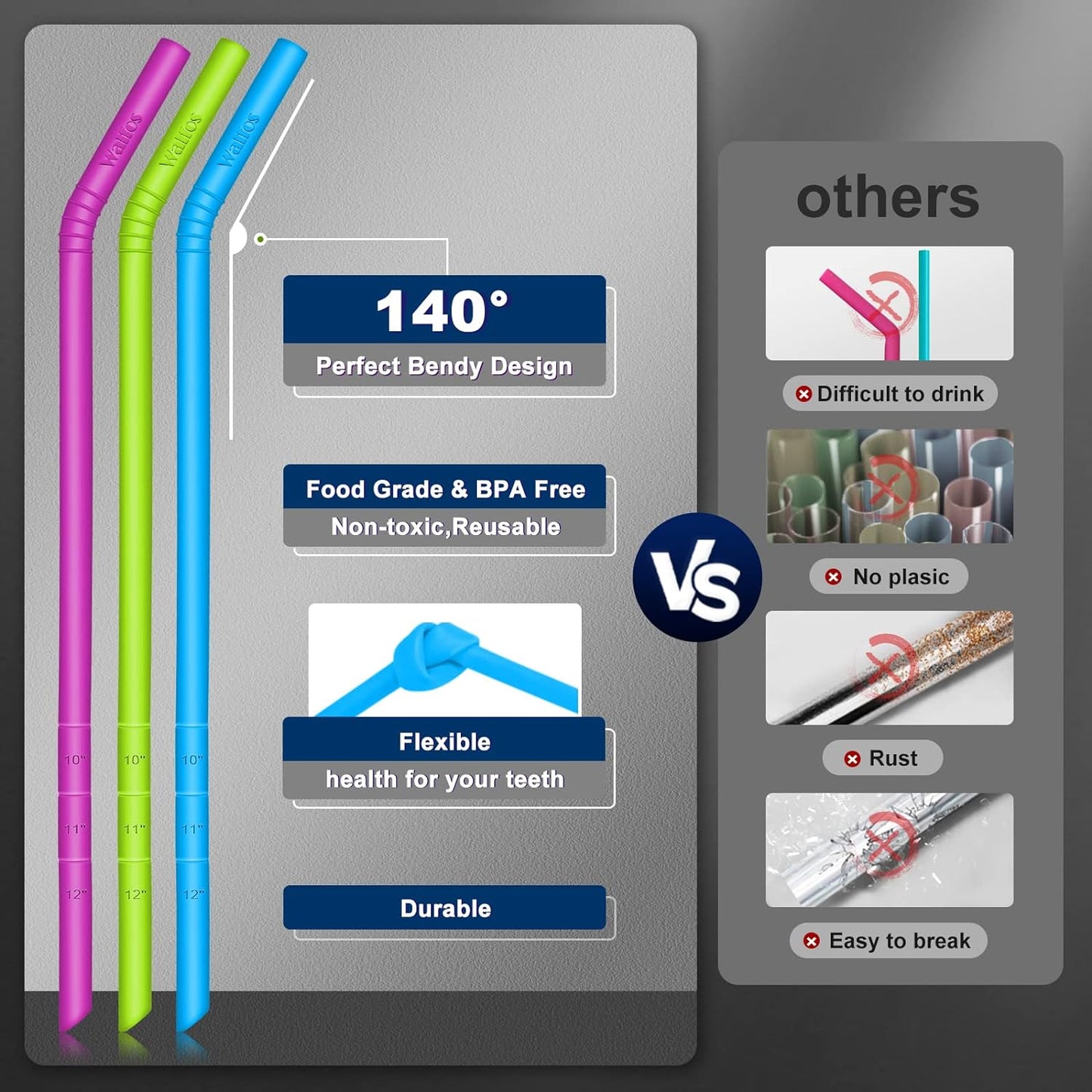 WALFOS 14.5 inch Extra Long Reusable Silicone Straws, Big Sizes Flexible Bendable Straws for 1/Half Gallon Large Water Bottles, 128 75 64 40 OZ Tumbler with Cleaning Brush (6-Pack)