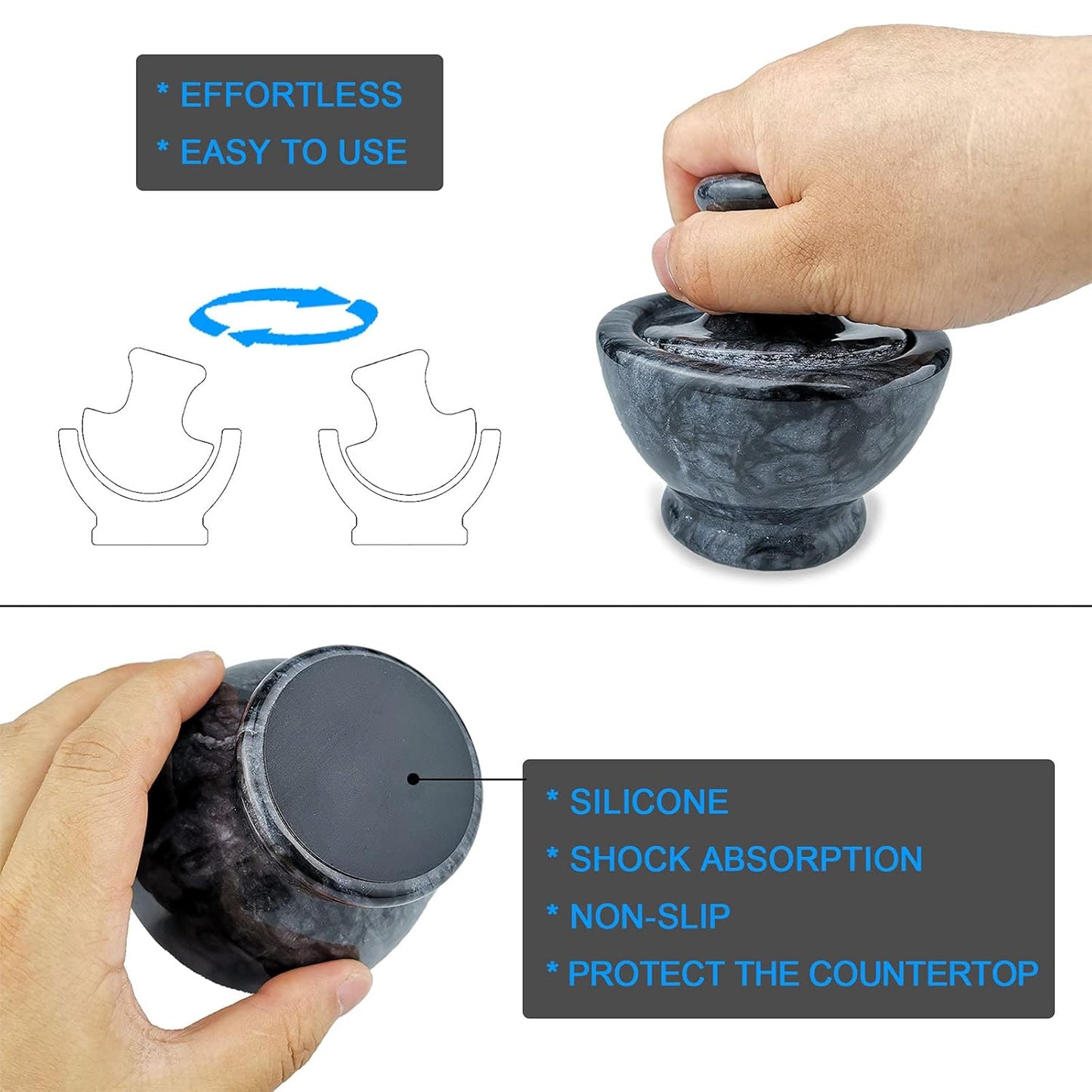 Marble Mortar and Pestle Set, Pill Crusher and Spice Stone Grinder, 3.7 Inch, 1/2 Cup, Grinding is Efficient and Labor-Saving (Black)