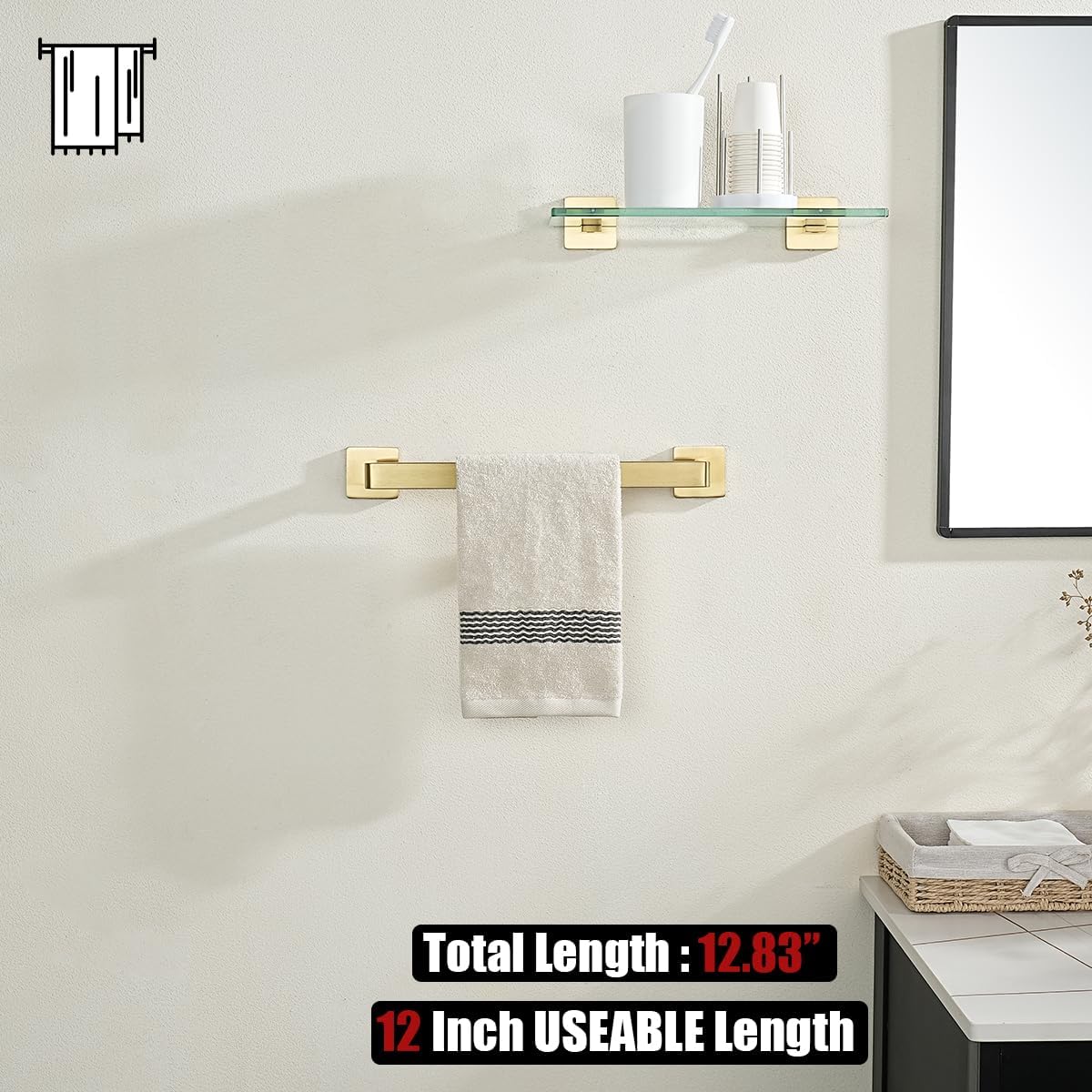 JQK Gold Towel Bar, Rounded Edges 14.41 Inch Towel Rack, 304 Stainless Steel Bathroom Wall Mount, Useable Length 12 Inch, TB250L12-BG
