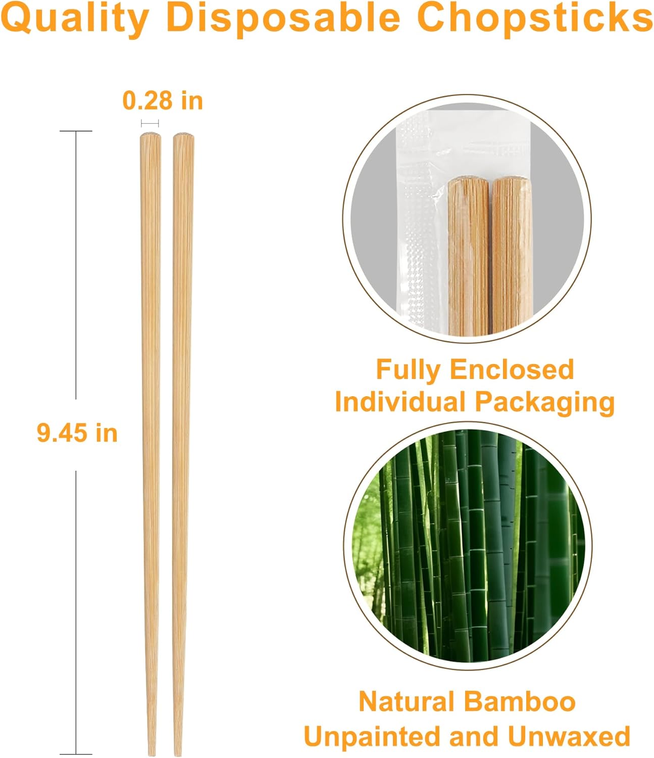 200Pairs Bamboo Chopsticks Disposable | Individually Wrapped | Bulk | Separated | Round | Premium Quality-（9.45in)