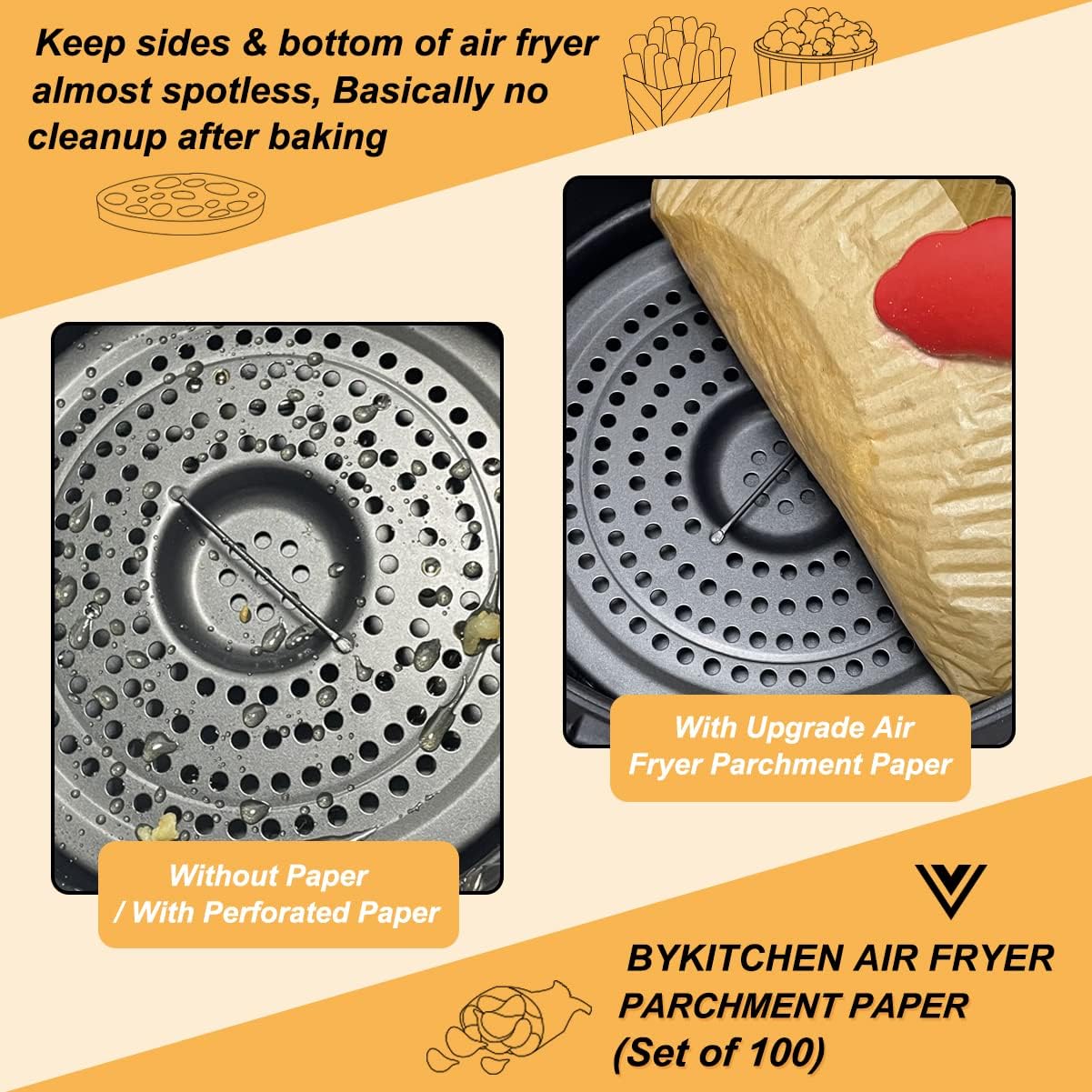 BYKITCHEN Air Fryer Parchment Paper for 2 to 5 QT, Set of 100, 8inch Round Airfryer Liners, Nonstick Air Fryer Filter Paper, Compatible with Ninja, Chefman Airfryer and More