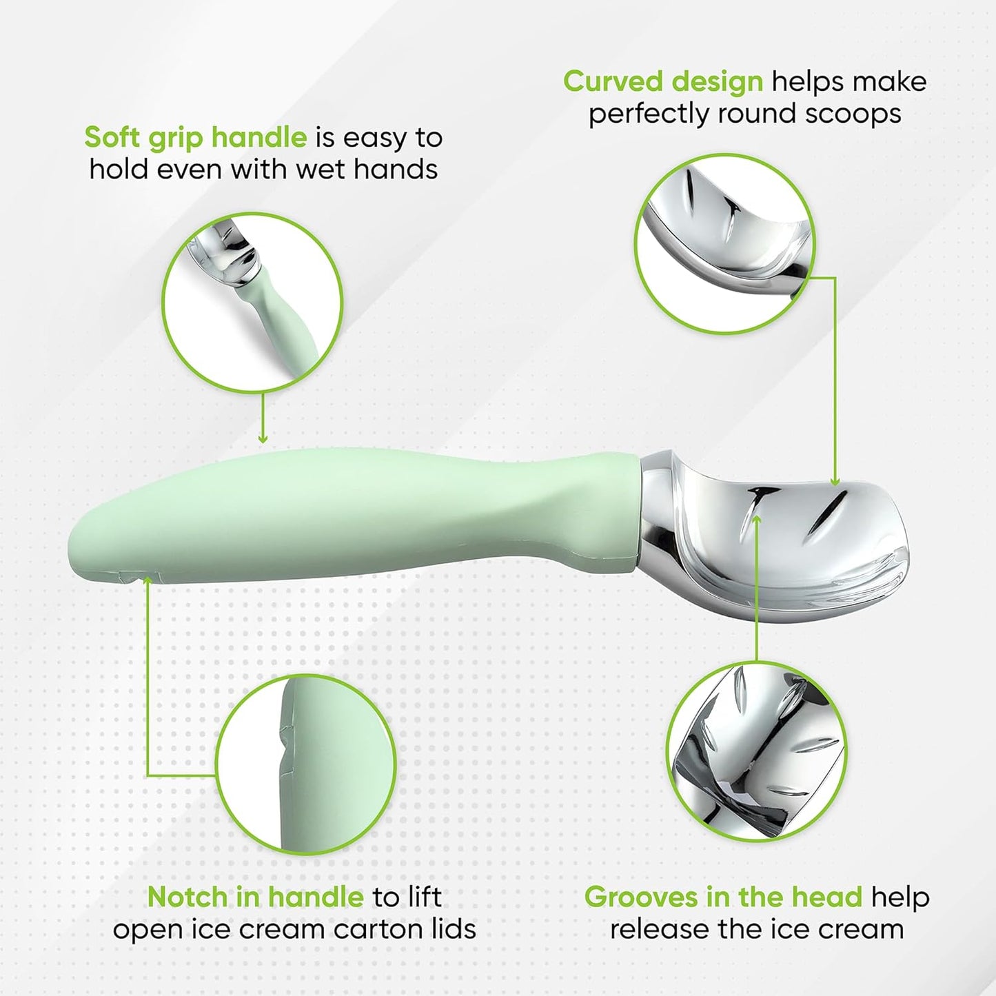 Spring Chef Ice Cream Scoop with Comfortable Handle, Professional Heavy Duty Sturdy Scooper, Premium Kitchen Tool for Cookie Dough, Gelato, Sorbet, Pistachio