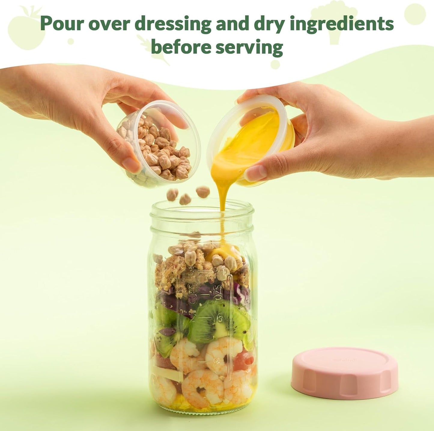 SOLIGT 4 Pack Glass Salad Jars with Lids Meal Prep, Leakproof Container for Lunch, with Wet/Dry Separation Cups, 32oz Mason Jars (Pink/Orange/Sky Blue/Olive Green)