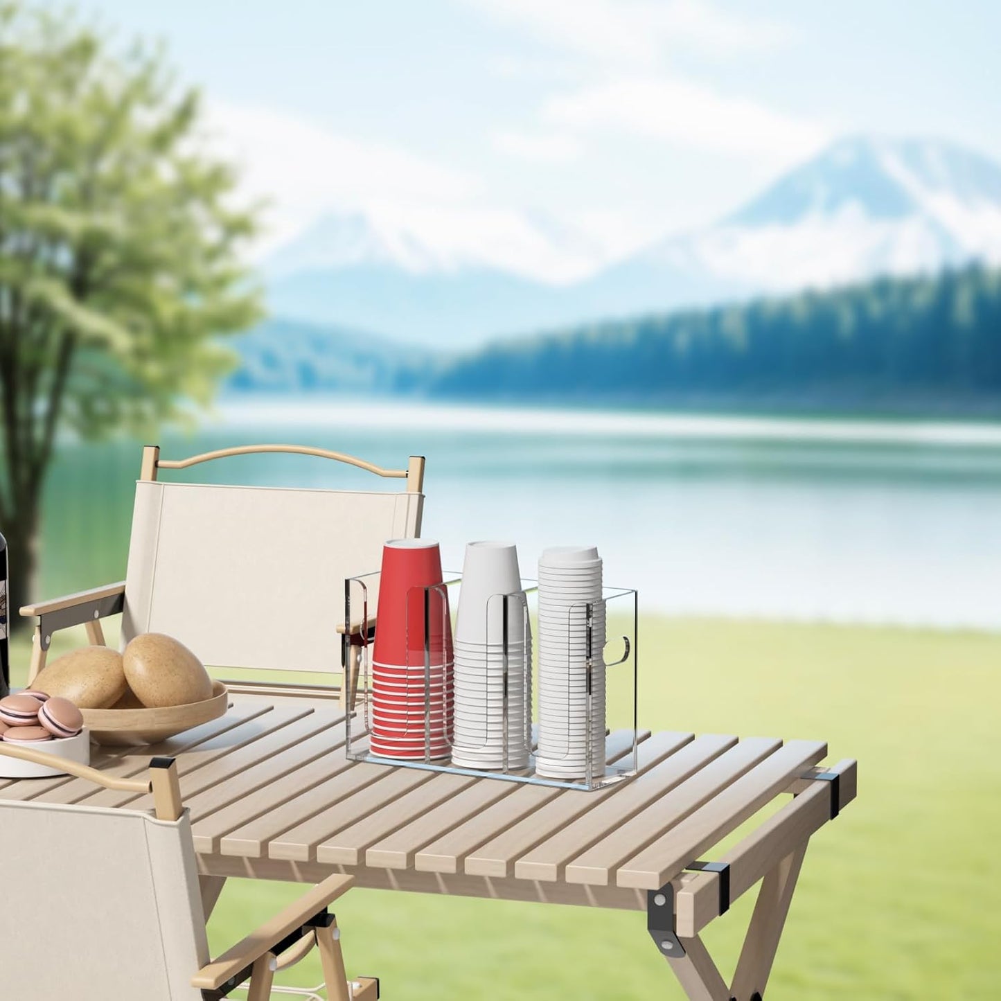 WINFFOR Disposable Cup Organizer Dispenser - 3 Compartments Clear Acrylic Cup and Lid Holder with Handles Plastic Cup Dispenser Countertop Paper Cup Holder for Coffee Bar House Party Essentials