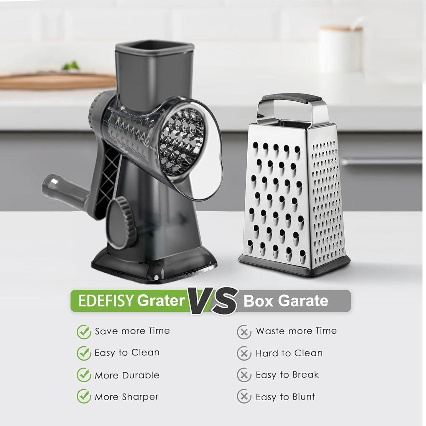 Cheese Grater Hand Crank Rotary Vegetables Shredder with Handle, 3-in-1 Graters with Interchangeable Blades and Strong Suction Base Multifunctional Slicer for Kitchen