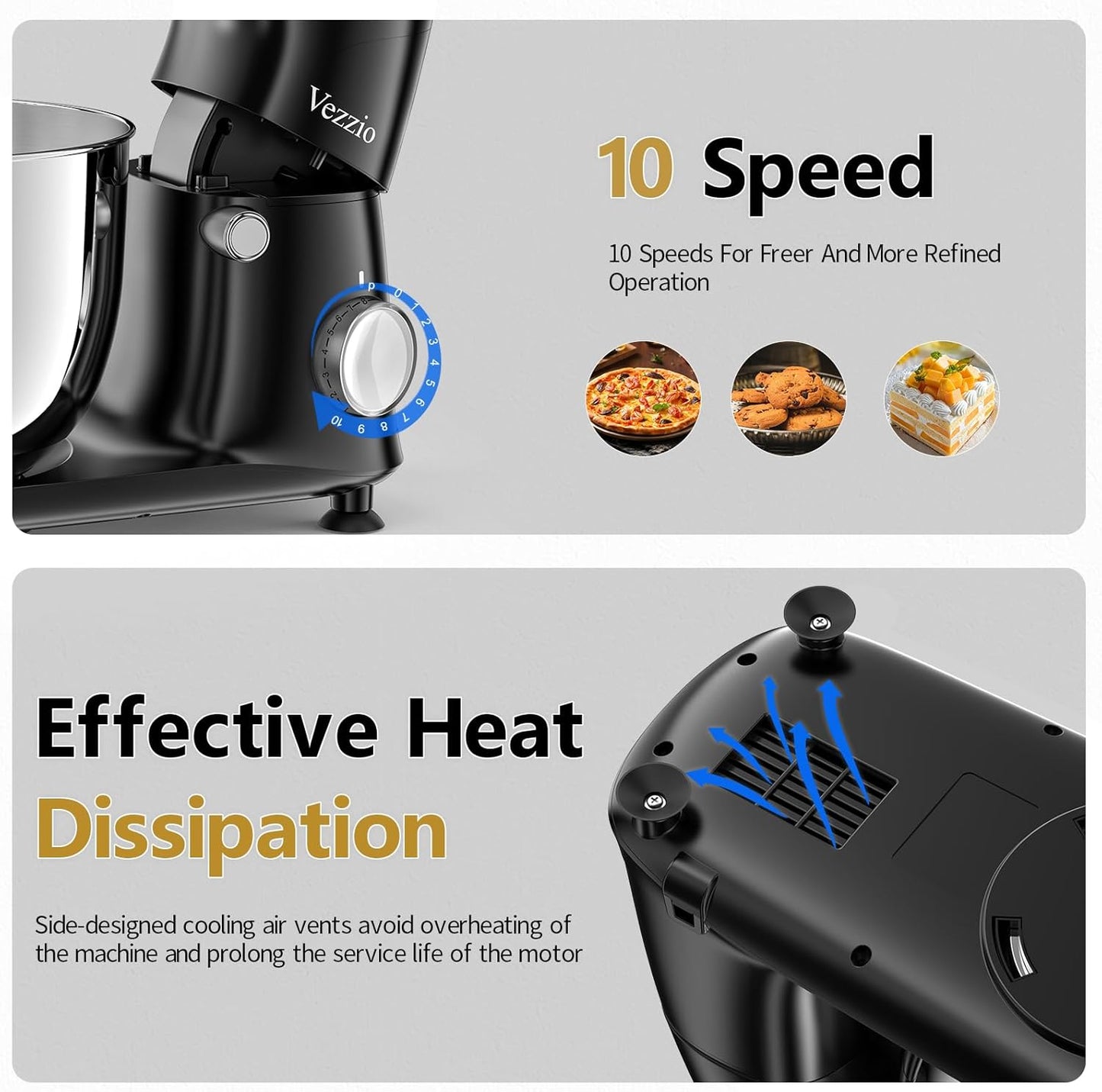 Vezzio Stand Mixer,6 Quarts,10-Speed Tilt-Head,Kitchen Food Mixer with Stainless Steel Bowl,Dough Hook,Whisk, Beater,Egg White Separator (Black)