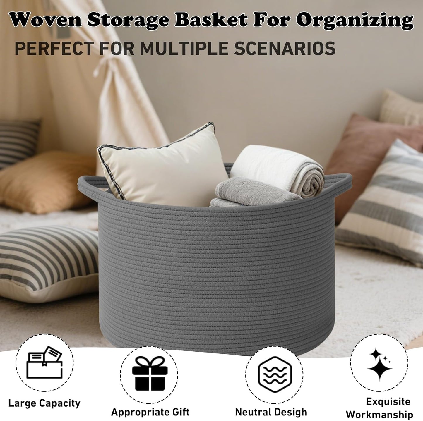 Large Blanket Basket for Organizing,65L Closet Organizers and Storage Bins Box for Shelves Woven Rope Storage Baskets,Living Room,Bedroom,Dorm,Laundry room (Dark Grey)