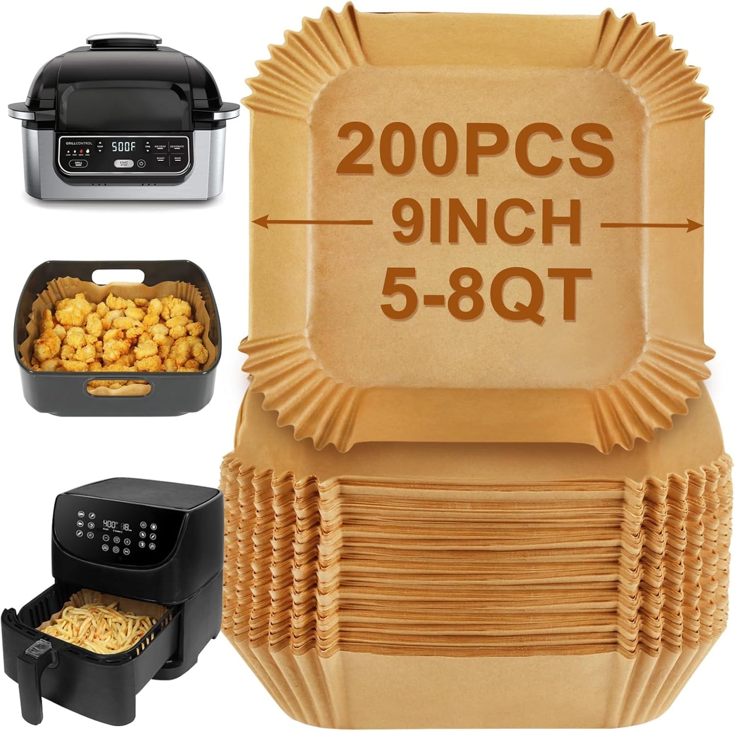 BYKITCHEN Air Fryer Sheet Liners for Ninja AG301 Grill, Cosori, Gourmia Airfryer, Set of 200, 9 Inch Air Fryer Parchment Paper Filters for 5 to 8 Qt Basket, Ninja Foodi Grill Accessories