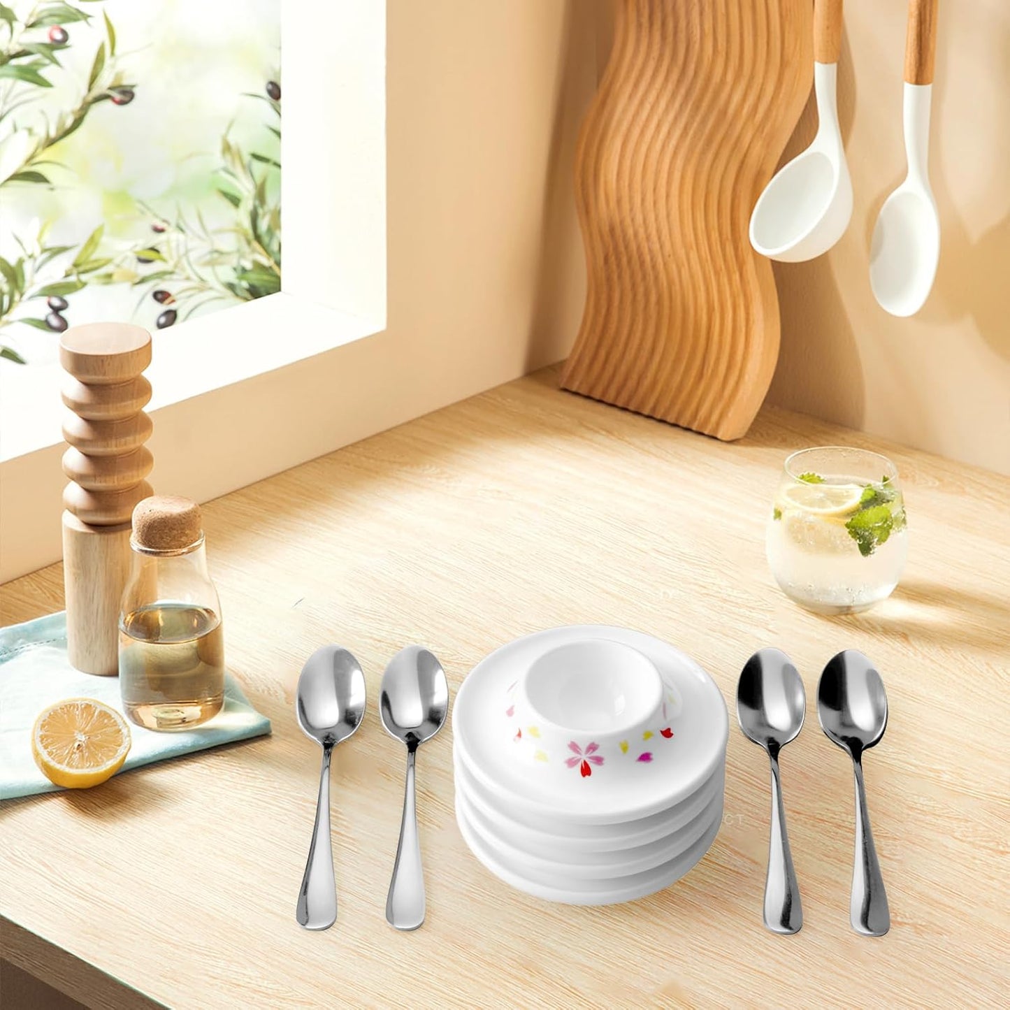 Cinf Ceramic Sakura Egg Holder Set of 4 Porcelain Holder With 4Stainless Steels Egg Spoons Breakfast Boiled Cooking Easy to Clean Childhood Memories Kitchen