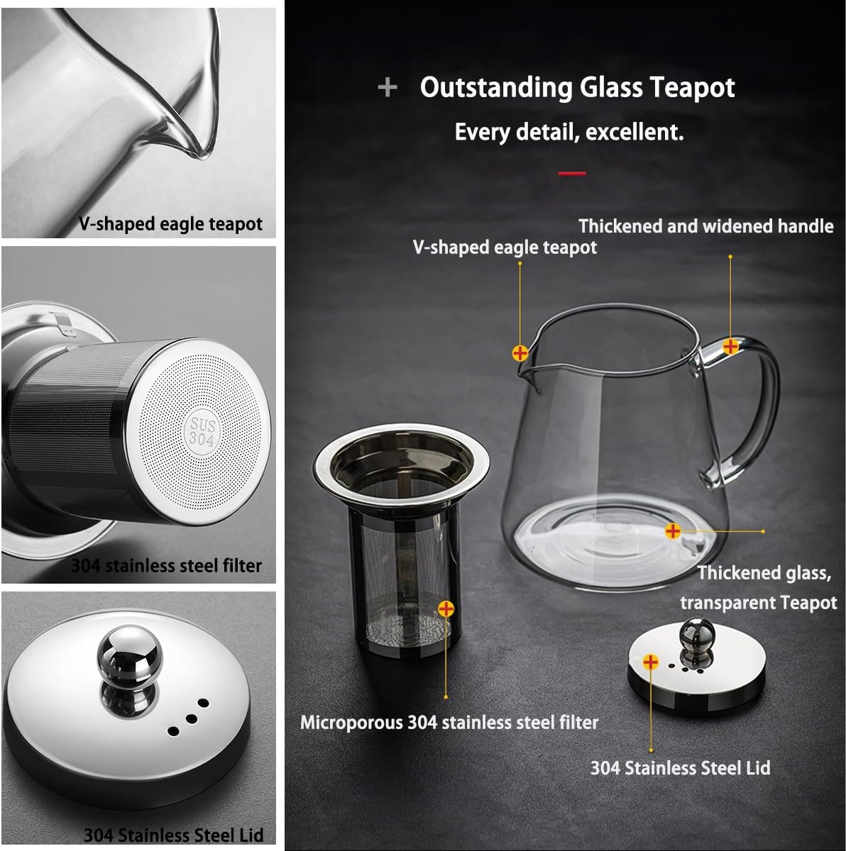 Glass Teapot (25oz/750ml) MJZQCD with Removable Stainless Steel Infuser,Glass Tea Pot transparent Stovetop tea Kettle,Blooming and Loose Leaf Tea Maker,Microwave & Dishwasher Safe