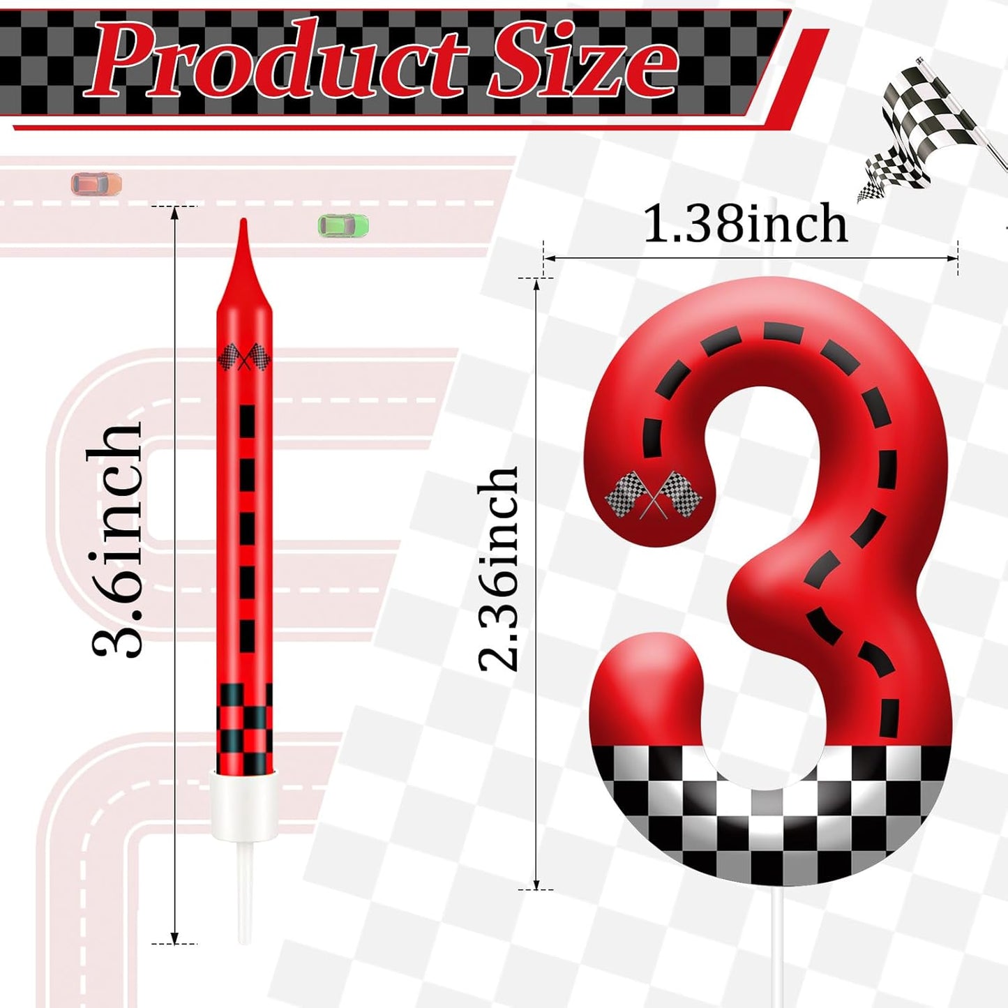 13PCS Racing Car Theme Birthday Candle Set with Checkered Flag Design - Durable Cake Topper for Race Car Party Decorations, Kids Birthday Supplies - Number 3 Candle for Racing-Themed Celebrations