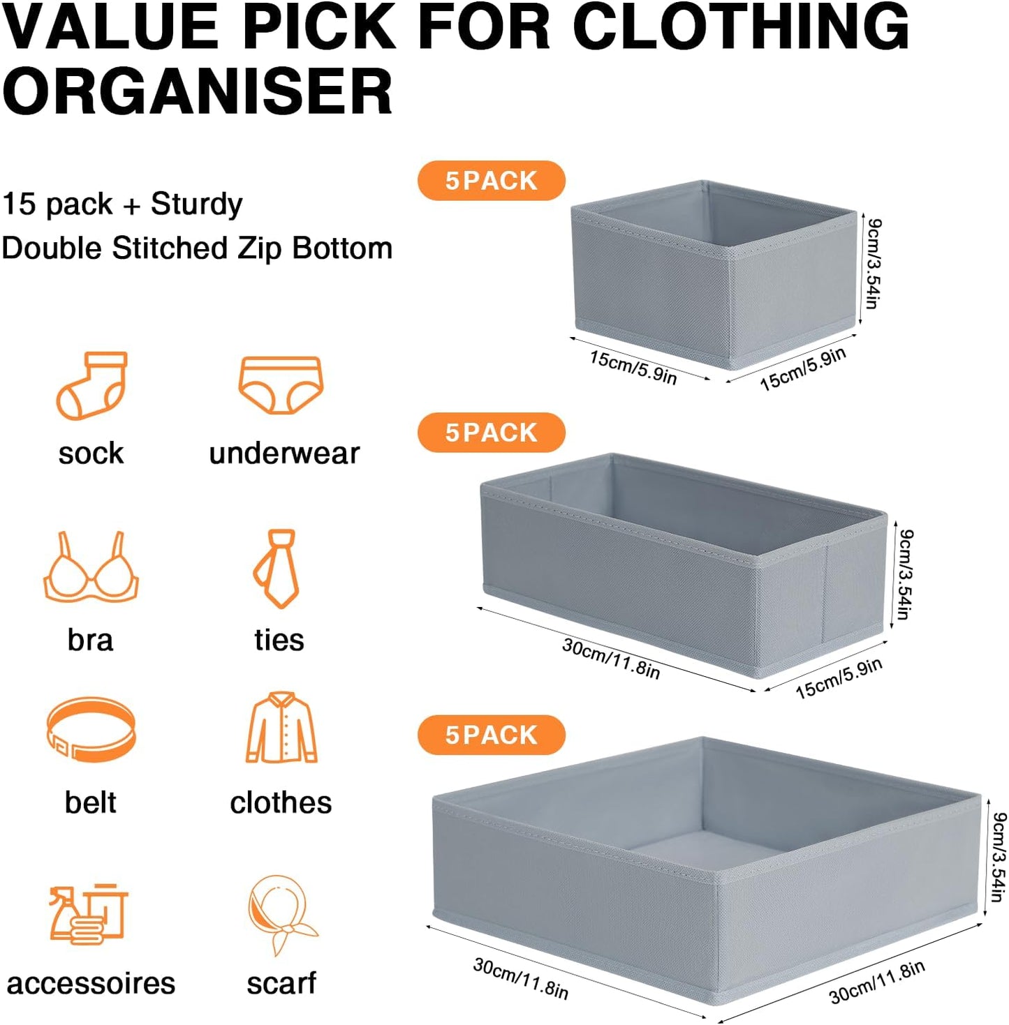 DIMJ Drawer Organizer Clothes, 15 Pack Underwear Organizer, Foldable Closet Bins, Sock Organizer Bra Cube, Fabric Dresser Box for Clothes, Bra, Socks, Tie (Grey)