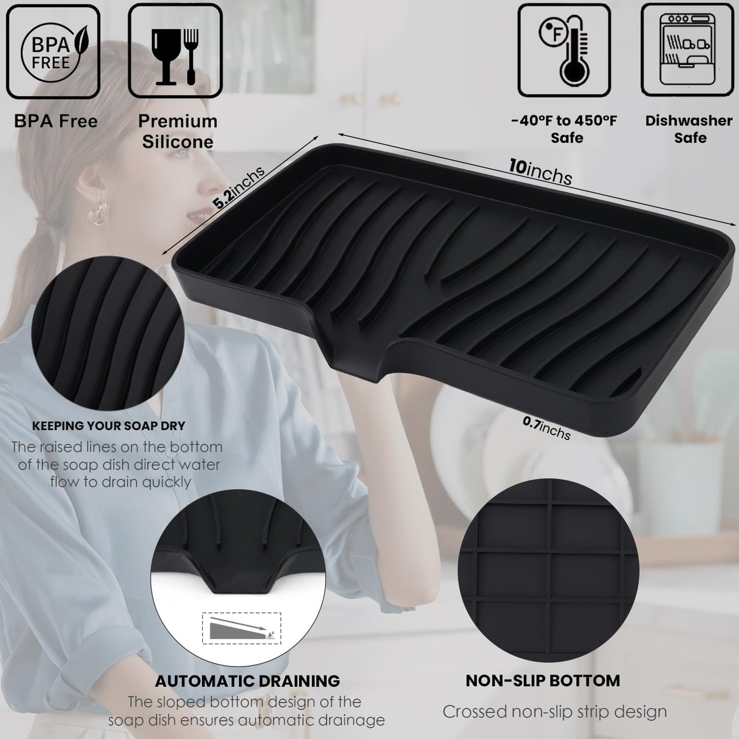 YASMEN Silicone Bathroom Soap Dishes, Sink Sponge Holder for Kitchen, Rubber Soap Dish with Drain, Shower Soap Sponge Tray, Sink or Counter Organizer, for Bar Soap, Bottle, Dish Soap Dispenser-Black