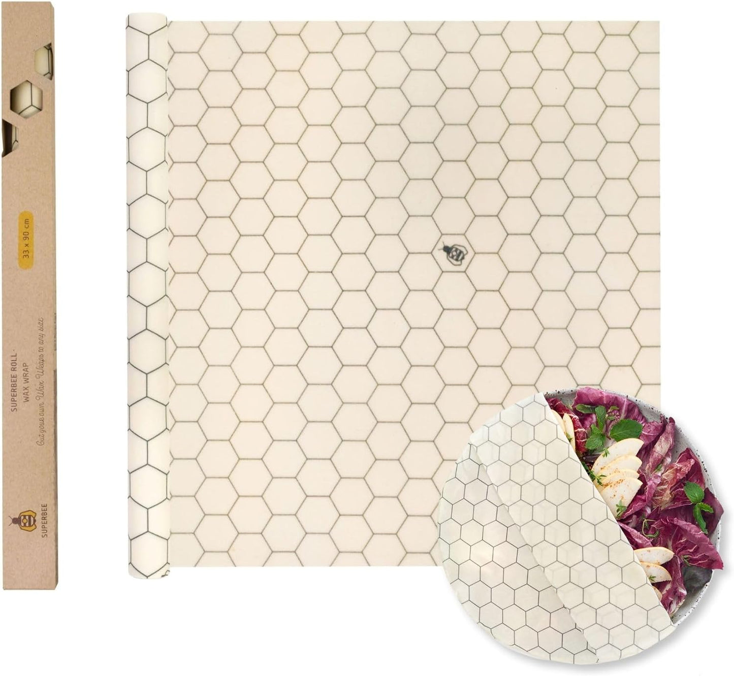 SUPERBEE Beeswax Wrap Roll XL, Reusable Beeswax Wrap for Food, Wrap Roll, Reusable Bees Wrap Paper for Wrapping Vegetables & Cheese, Bowl Covers and Sandwich Wrapping Paper, Hexagonia - 35x13"