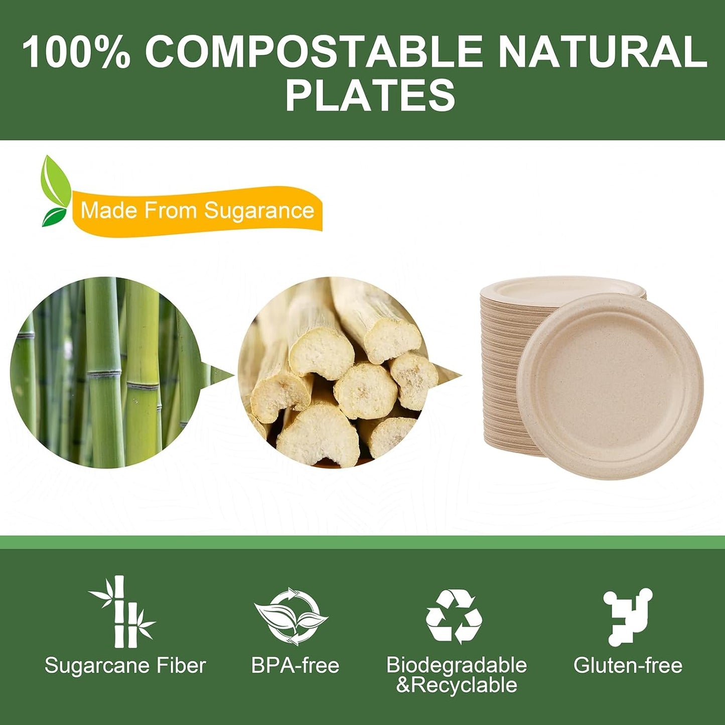 WELLIFE 100% Compostable Paper Plates 7 Inch, 125-Pack Dessert Paper Plates Bulk, Biodegradable Bagasse,Eco-Friendly Disposable Plate Small for BBQ,Picnic,Party (BPI Certified,Microwaveable)