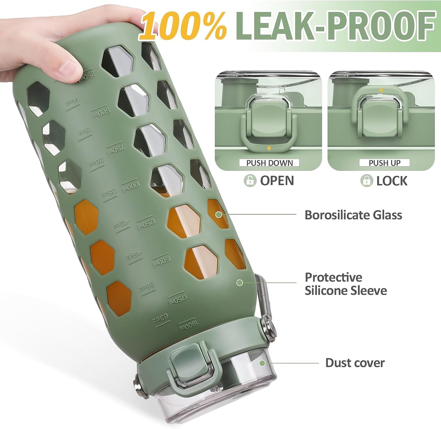 MUKOKO 64oz Glass Water Bottles with Straw and Lid,Half Gallon Water Bottle with Time Marker,Large Glass Water Jug with Silicone Sleeve and Stainless Steel Handle-Olive