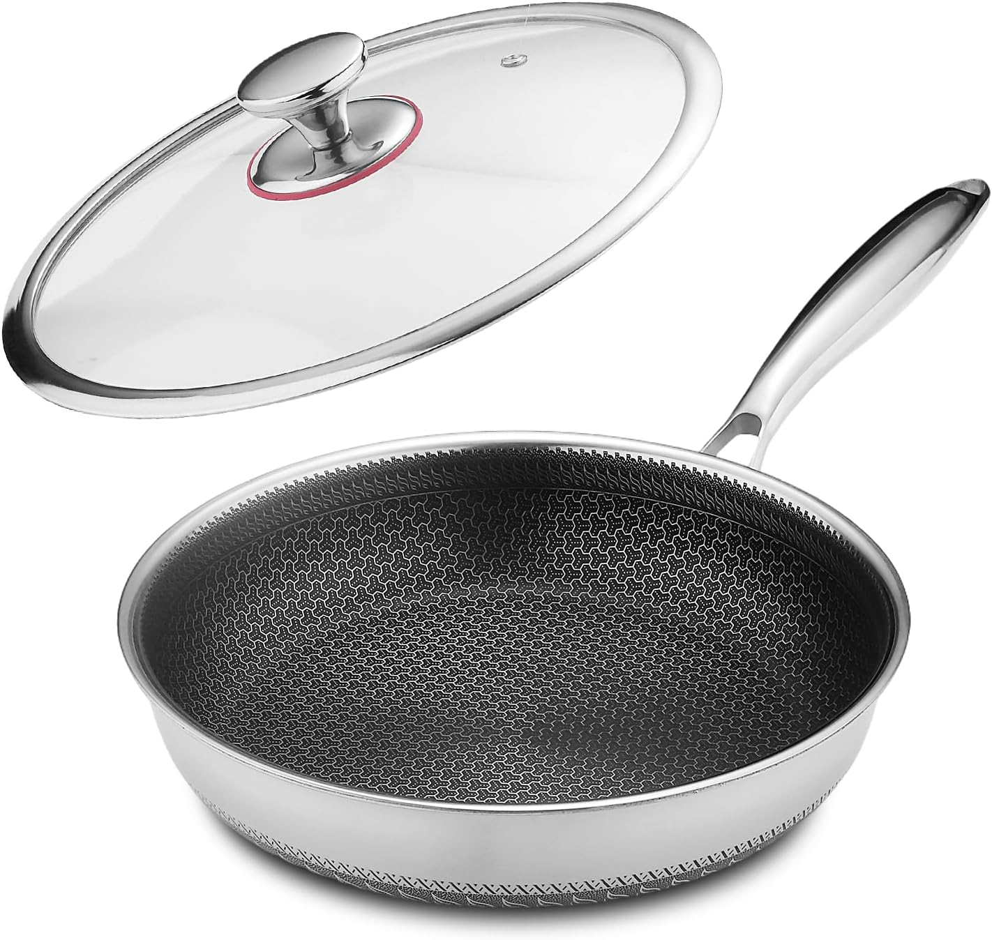 Lazycorner Non Stick Frying Pans Skillet with Lid, 10 Inch Stainless Steel Kitchen Cookware Pot, Non toxic Healthy Induction Compatible PFAS PTFE PFOA PFOS Free