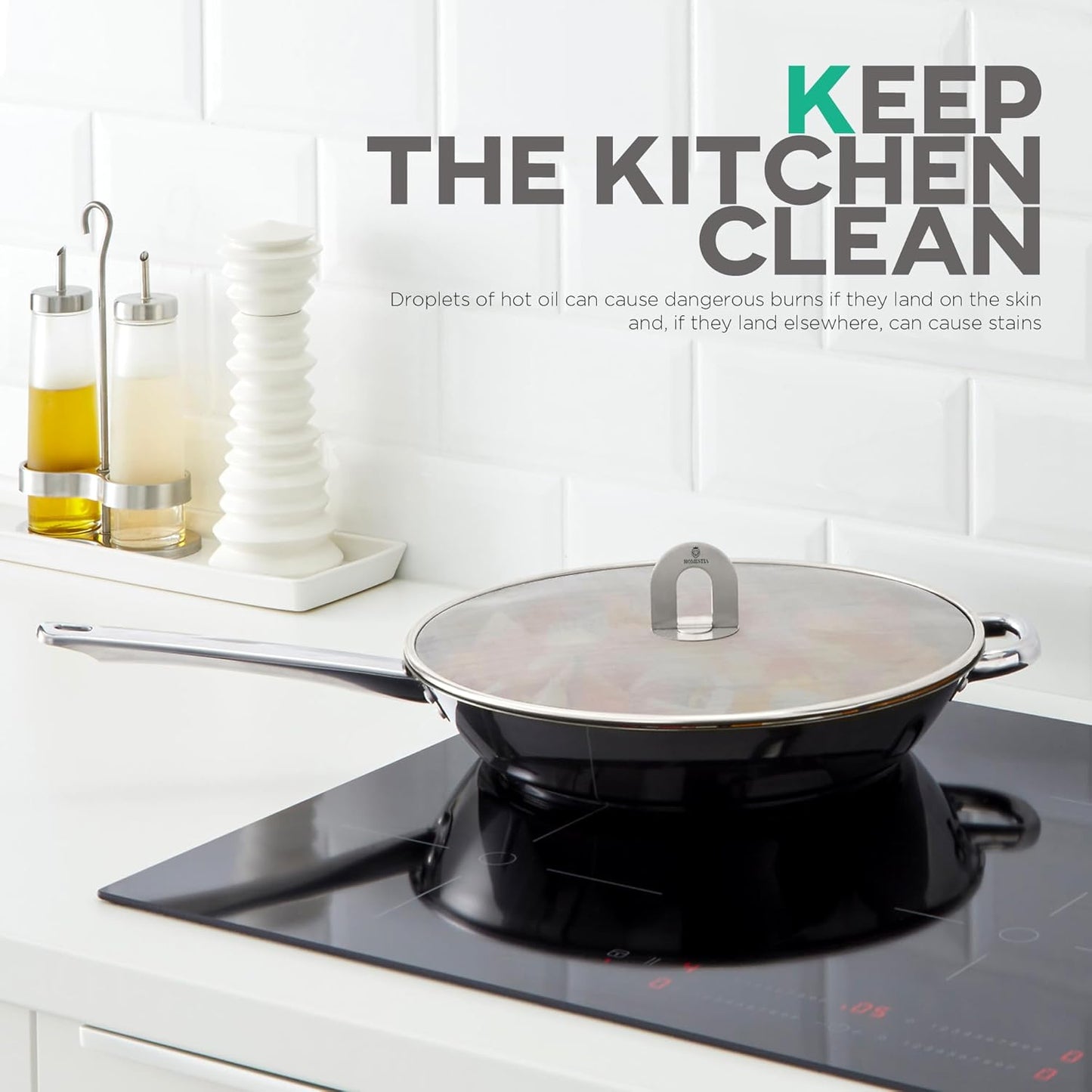 Homestia Splatter Screen for Kitchen, 304 Stainless Steel Fine Mesh Splatter Screen for Frying Pan, 13” Grease Splatter Guard with Fold Flat Knob