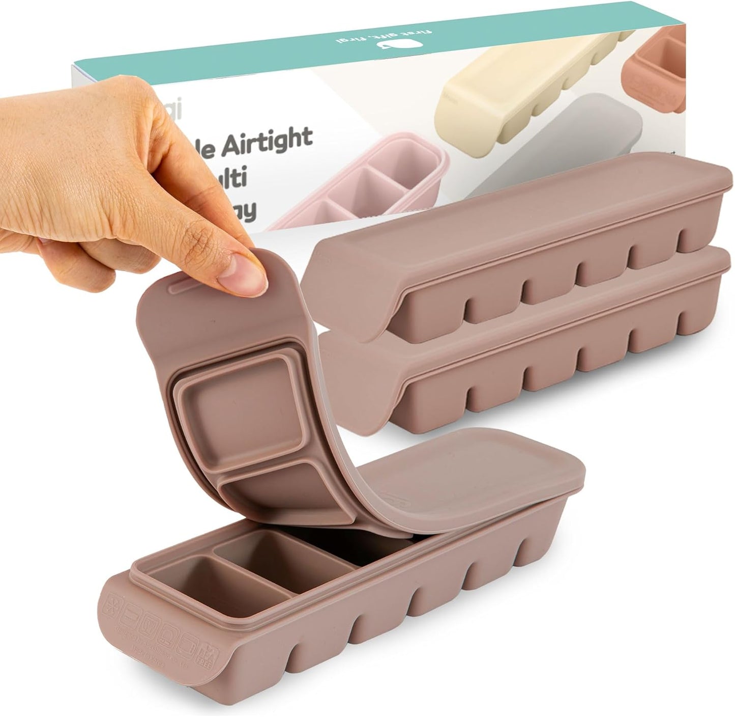 Silicone Freezer Trays with Lid,2ea 1oz 6 Section-Leak Proof Silicone Freezer molds for Homemade Baby Food Breastmilk, Purees, Vegetables, Fruit, Baby Food Jars Ice Tray with Lid BPA Free Brown