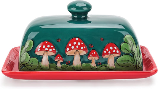 Fungi Fun Mushroom Butter Dish With Lid – Cute Cottagecore Ceramic Storage Container, Vintage French Covered Tray, Boho Farmhouse Kitchen Decor Gift, Unique Countertop Holder (Dark Green, Standard)