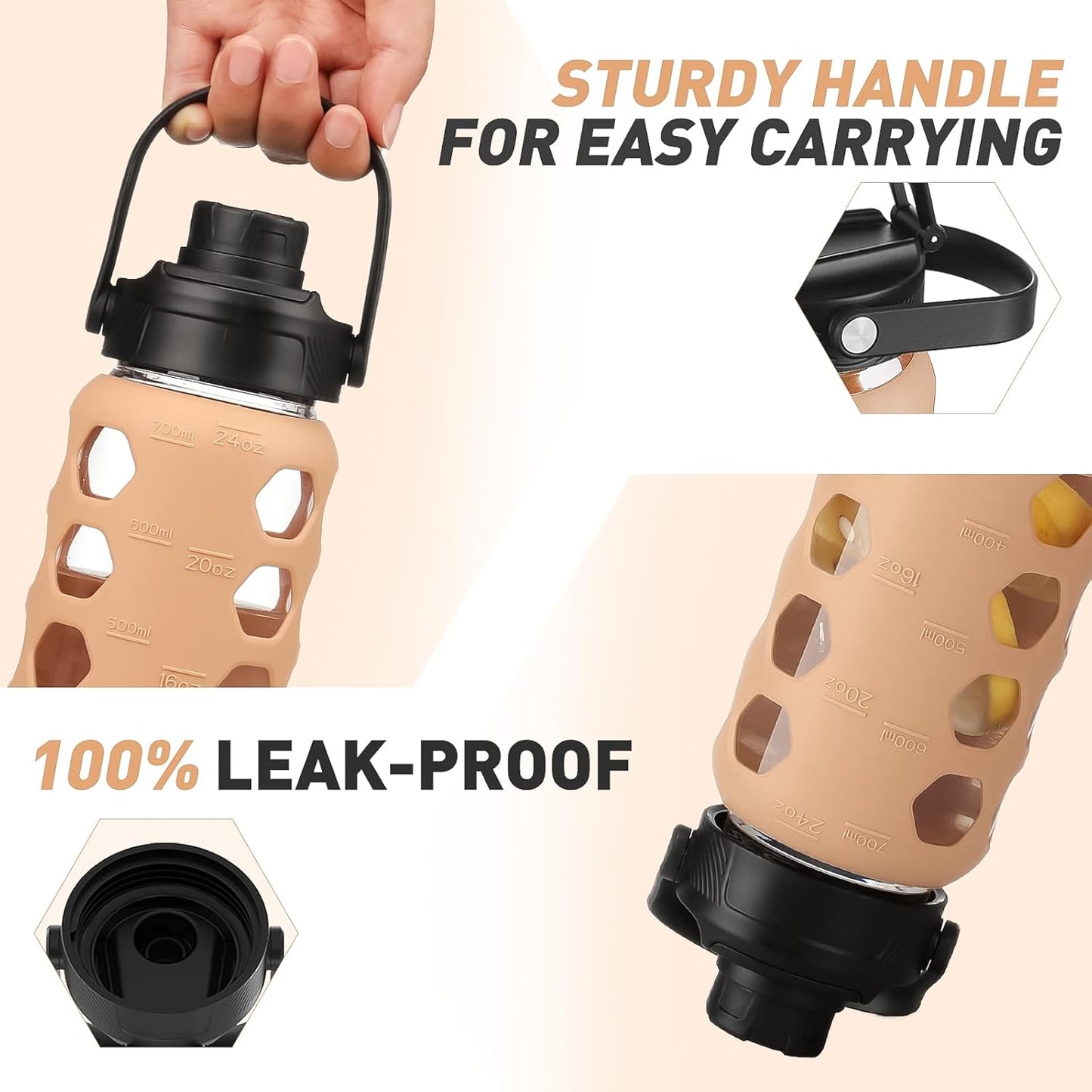 MUKOKO Glass Water Bottles, 24oz Glass Tumbler with Straw, Drinking Bottles with 2 Lids-Handle Spout Lid&Bamboo Straw Lid, Motivational Water Bottle with Time Marker and Silicone Sleeve, 1 Pack-Amber