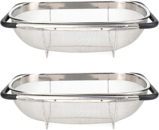 Suwimut 2 Pack Over the Sink Oval Colander for Kitchen, Stainless Steel Fine Mesh 6 Quart Strainer Basket with Expandable Rubber Grip Handles for Straining, Draining, Rinsing Fruits, Vegetables