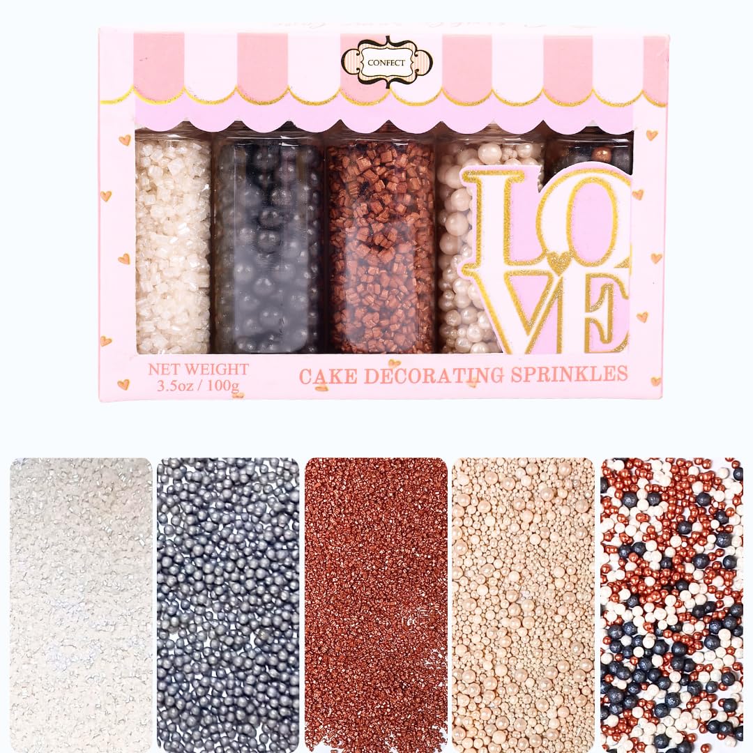 Sprinkles - Confect Sprinkles for Cakes & Cupcakes Decoration Assorted pack of 5 Starry Night Sprinkles Mix Black, White & Bronze Dragees Sparkling Sugar White & Bronze | Vegan, Gluten-Free, Nut-Free, Soy-Free, Dairy-Free, Palm Oil-Free- 5 Oz