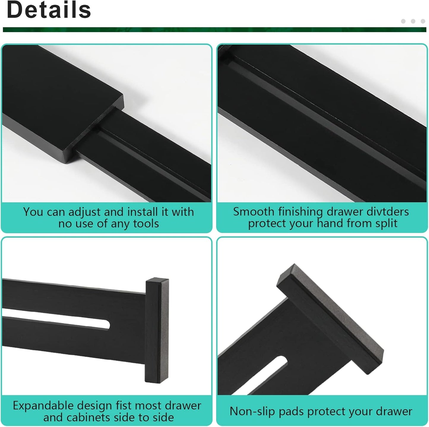 FJO 4 Pack Adjustable Bamboo Drawer Dividers - 11.8" - 17" Expandable Drawer Separators for Kitchen, Utensils, Clothes, Bedroom, Dresser, Bathroom (Black)