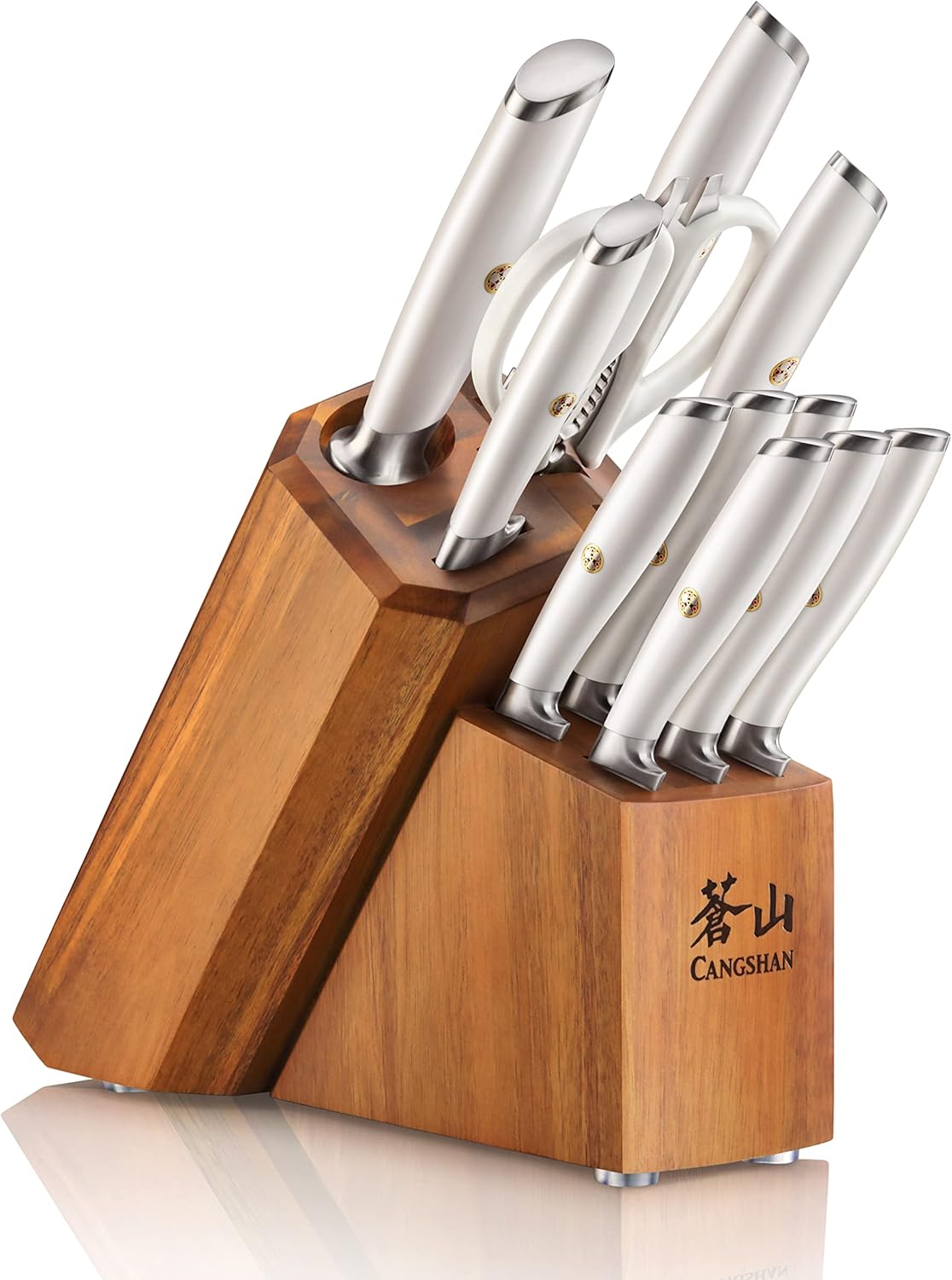 Cangshan L1 Series White 1026078 German Steel Forged 12-Piece Knife Block Set with 6 Steak Knives, Acacia Block